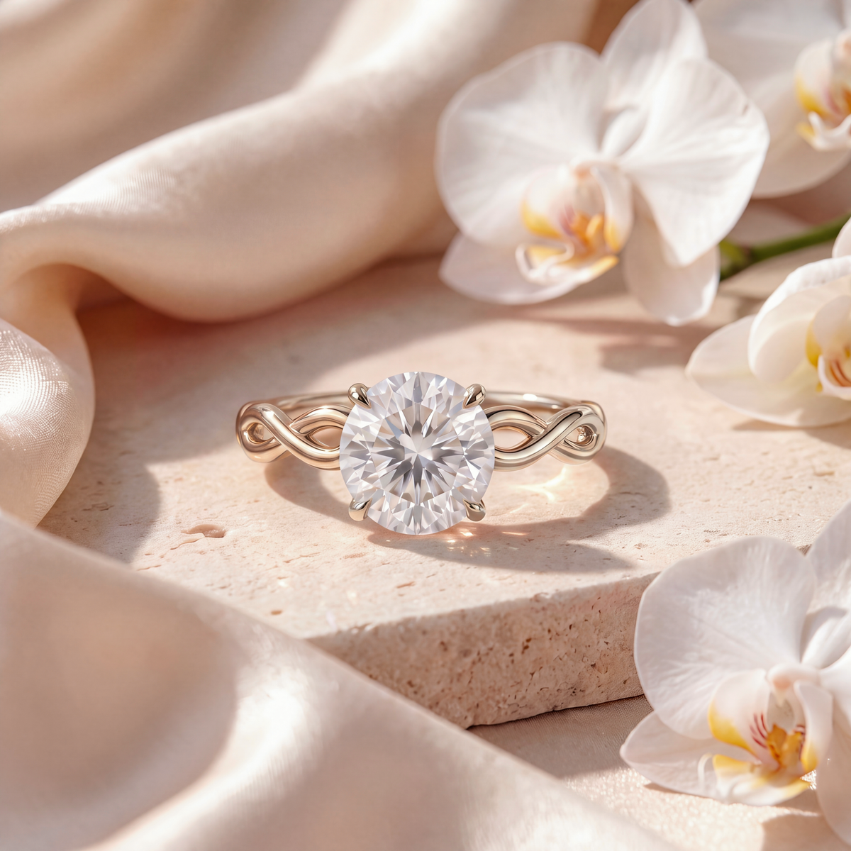 Round solitaire moissanite engagement ring with a twisted infinity band set in white gold.