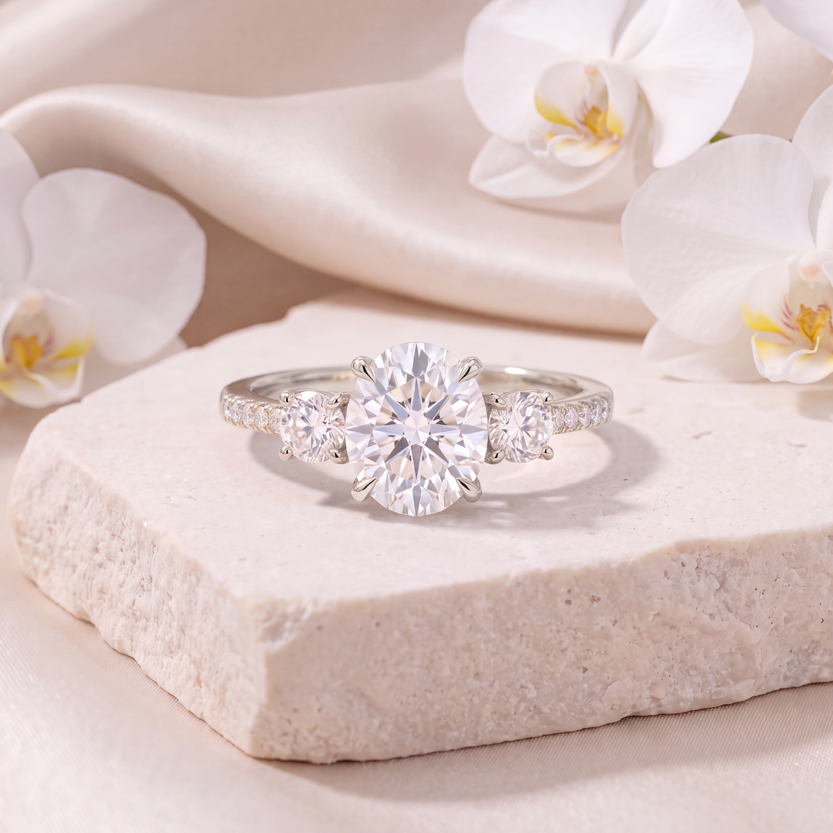 Three-stone oval moissanite engagement ring in white gold displayed on a stone slab.
