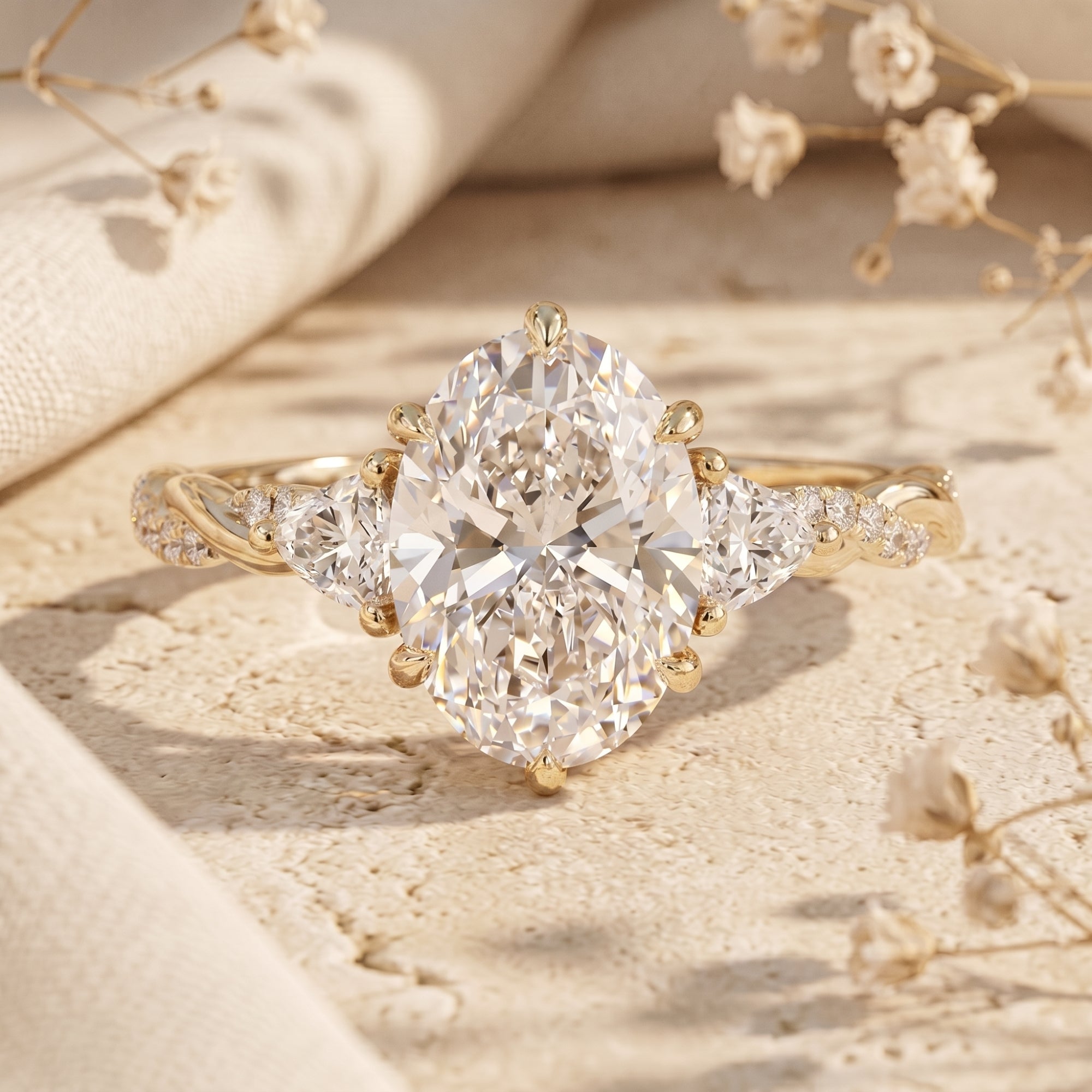 3-carat oval moissanite ring in yellow gold on a lifestyle background with dried flowers.