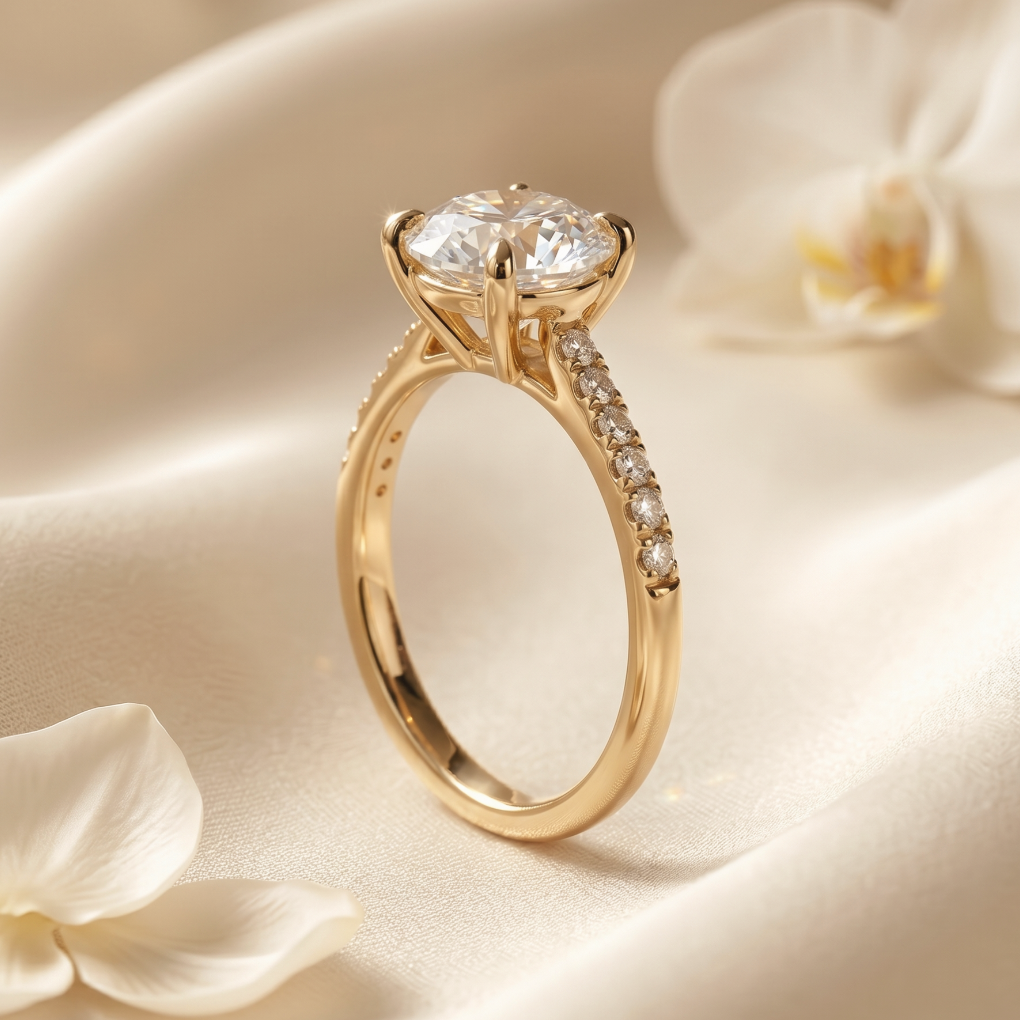 Profile view of a yellow gold round-cut moissanite ring showing the detailed basket setting and pavé shank.