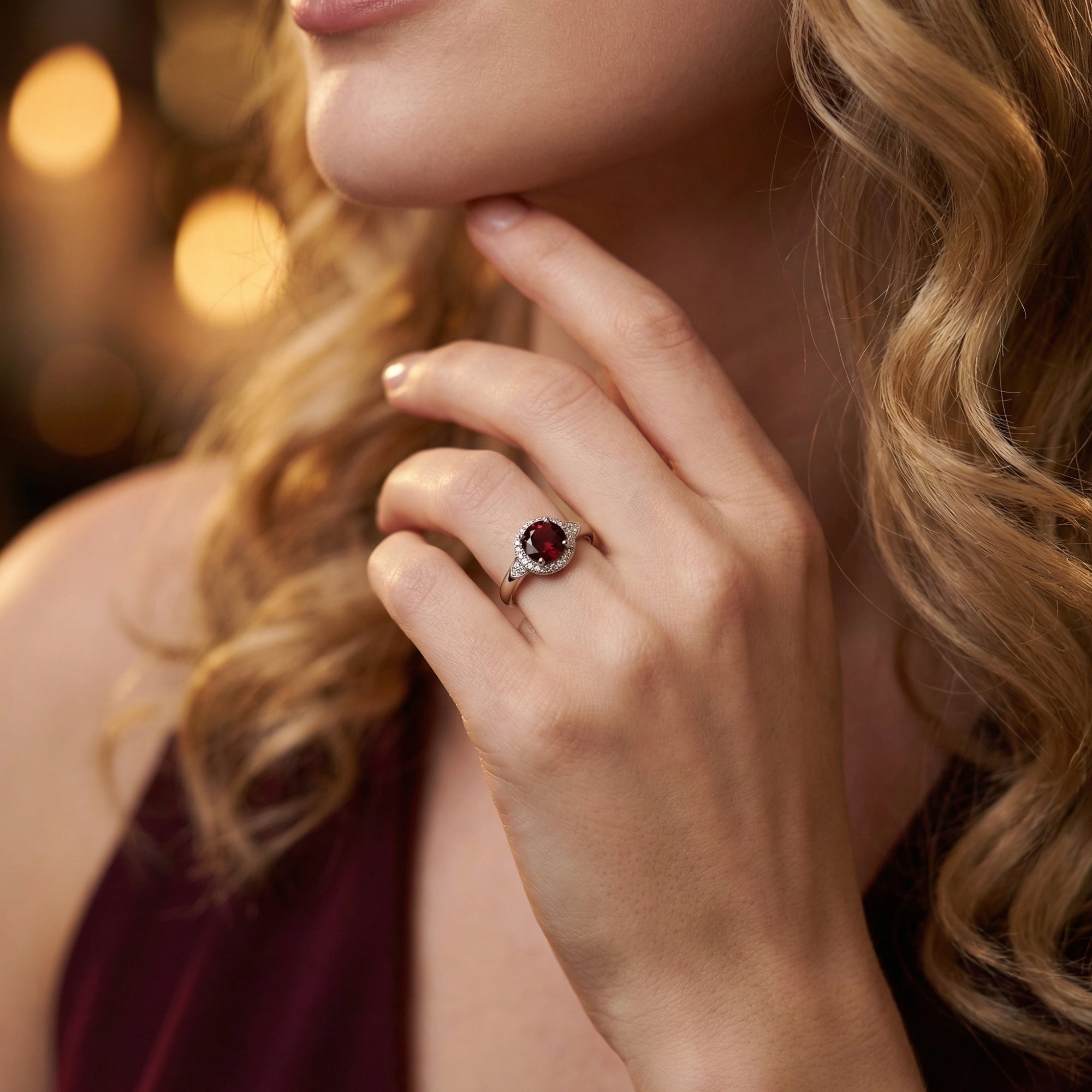 Model wearing the sterling silver garnet halo ring, showcasing the jewelry against a burgundy dress.