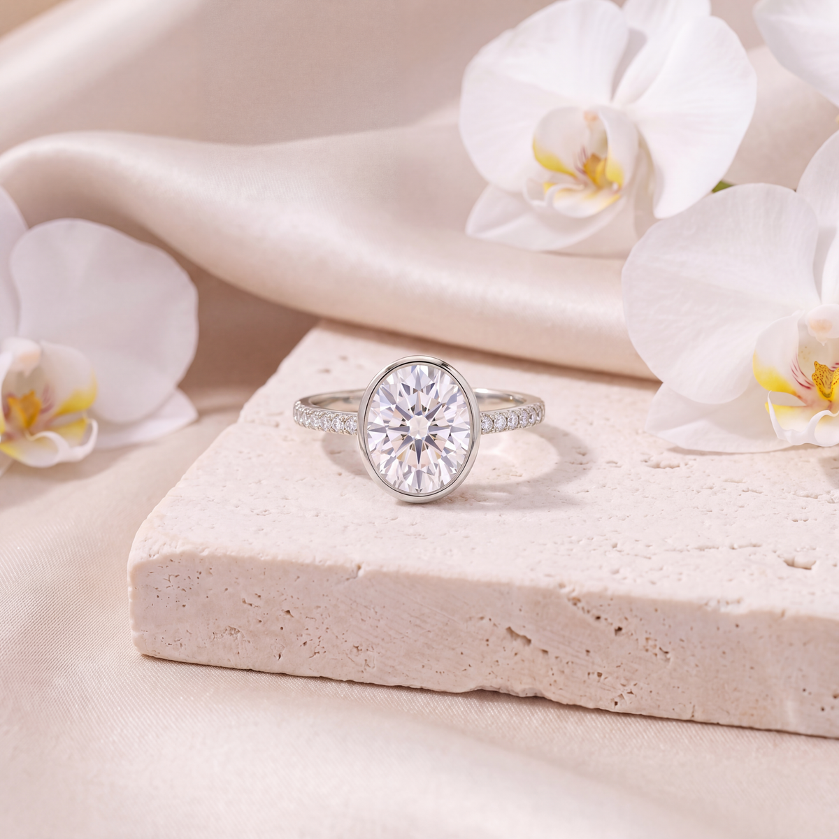 White gold bezel-set oval moissanite engagement ring with a pavé band.