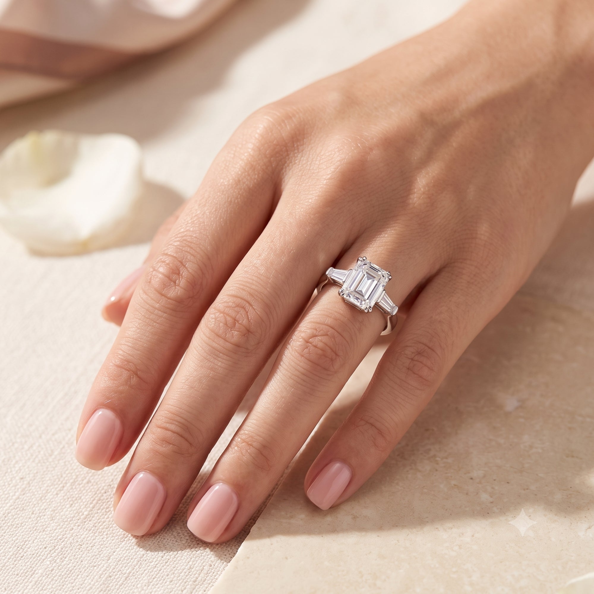 S925 sterling silver emerald cut engagement ring shown on a hand for scale.