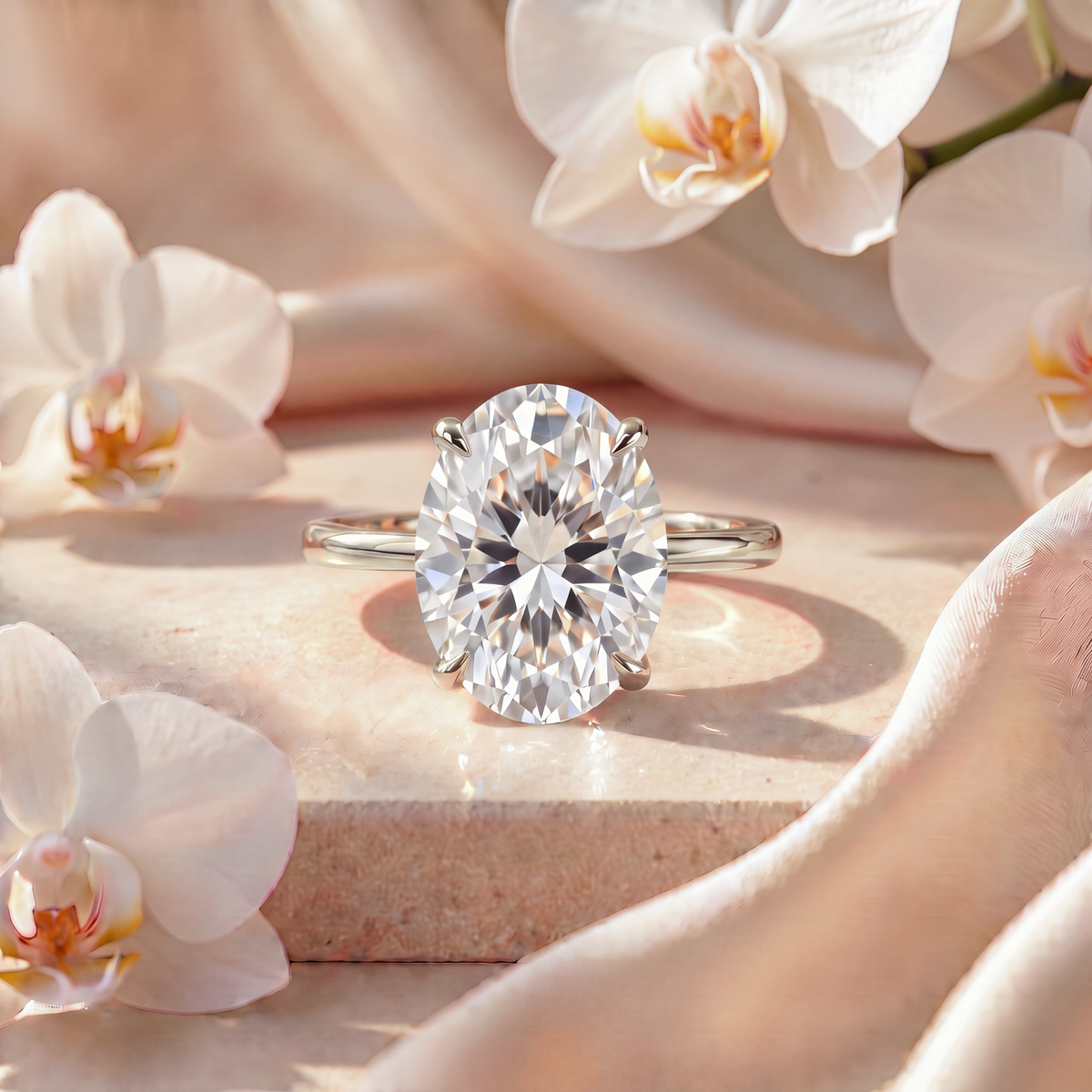 White gold oval moissanite solitaire engagement ring displayed on a marble block with white orchids.