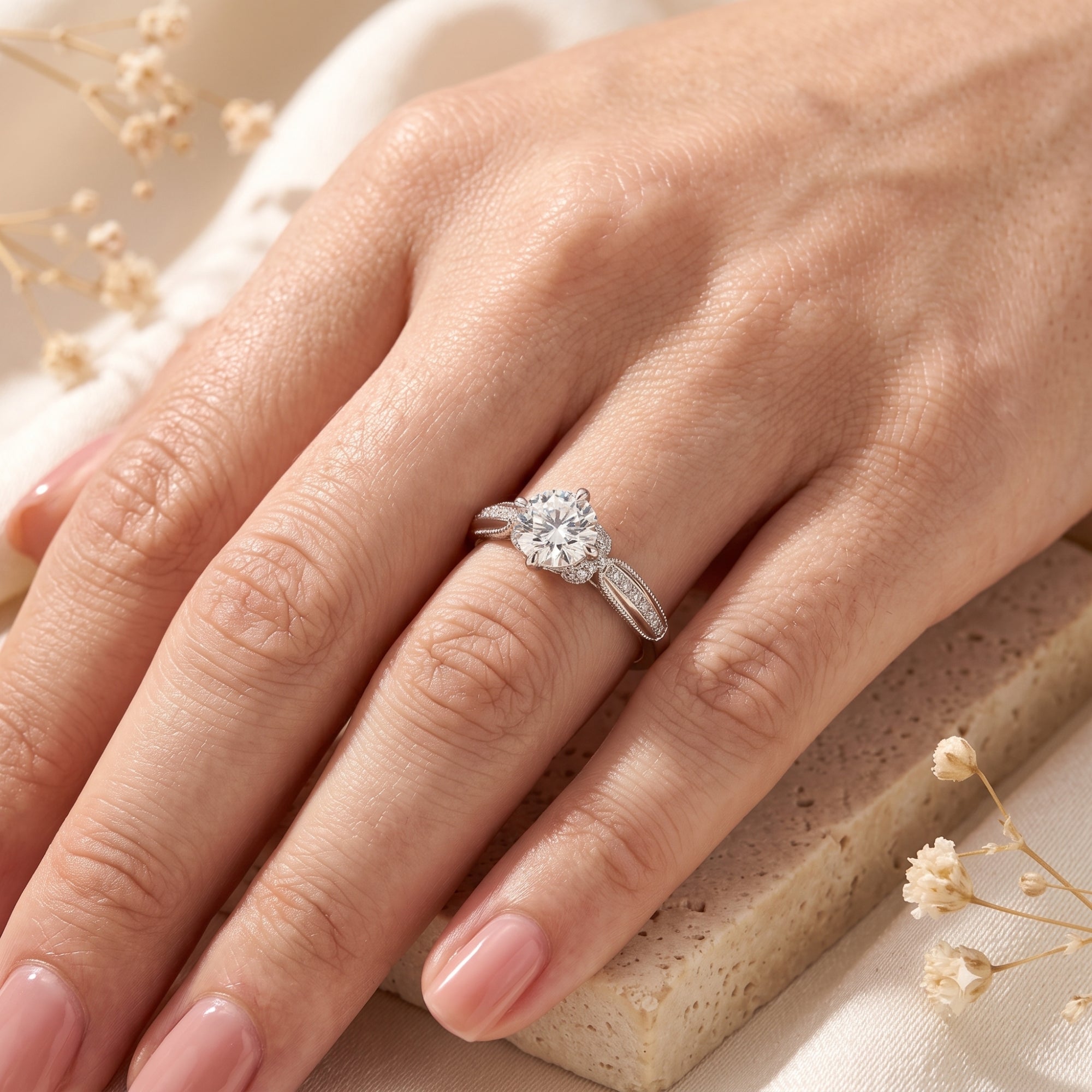 Top view of the silver S925 solitaire ring with round brilliant stone worn on a finger.