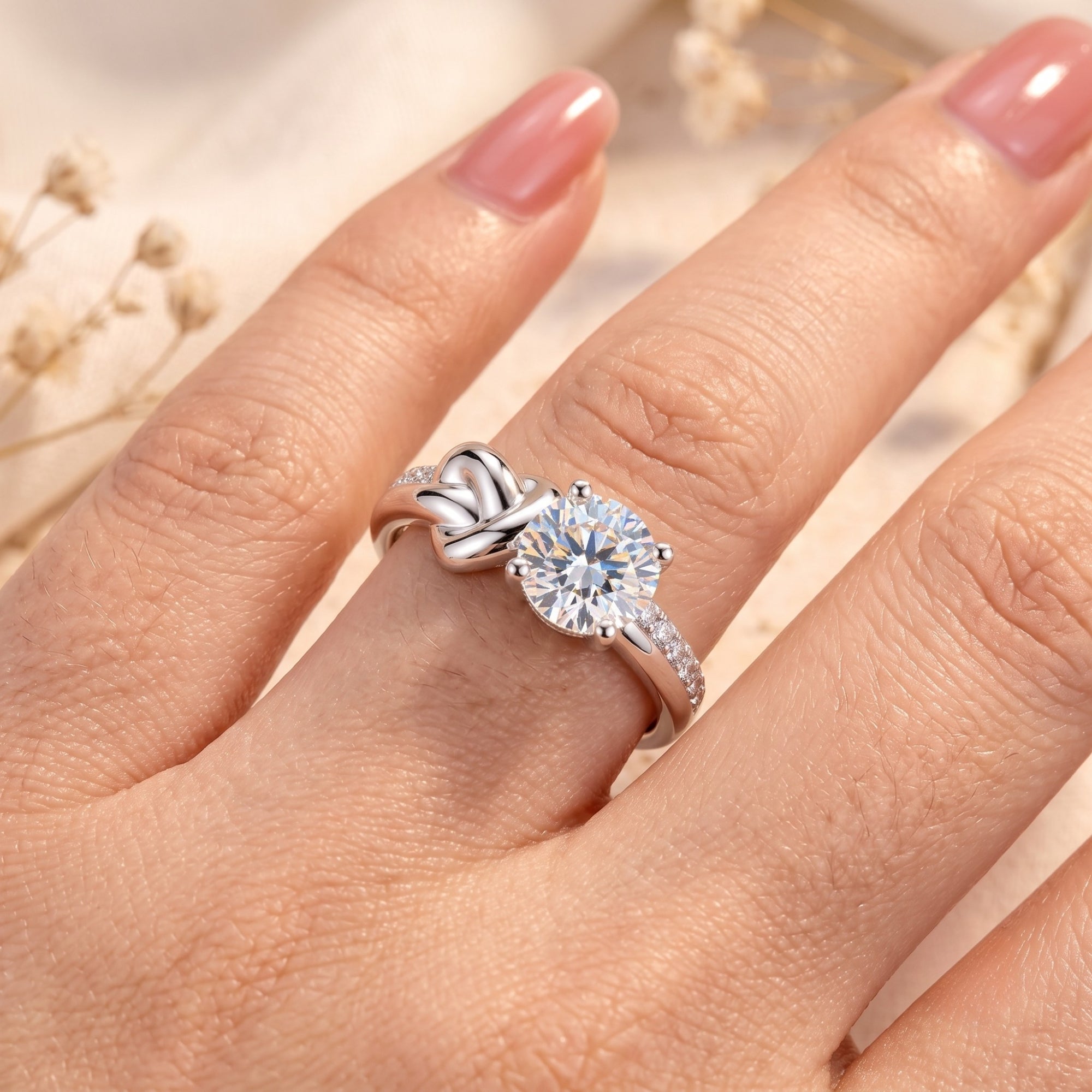 Angled view of the silver devotion knot promise ring with a brilliant round-cut stone on a hand.