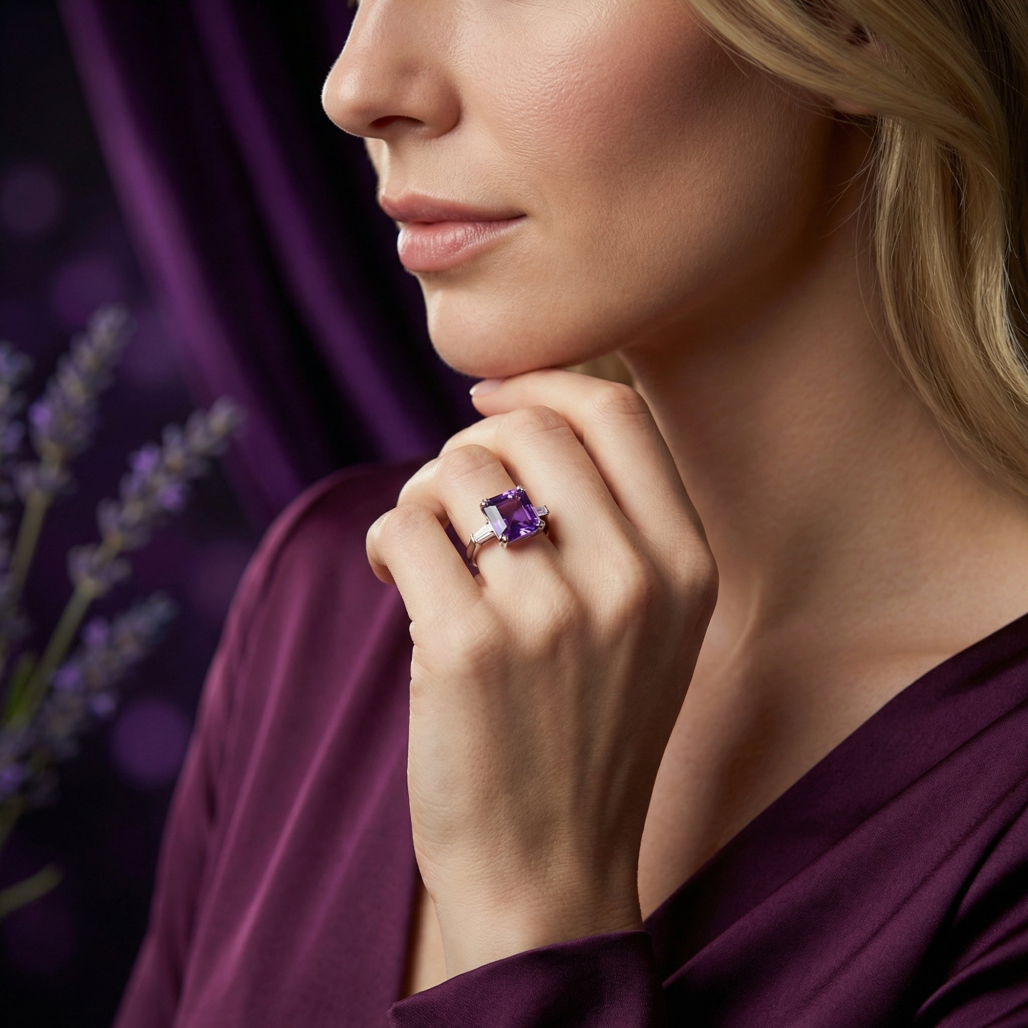 Model wearing the square cut amethyst sterling silver ring, showcasing its size and deep violet color.