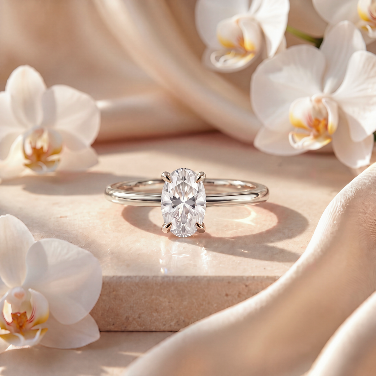 An oval moissanite solitaire engagement ring in white gold on a stone display.