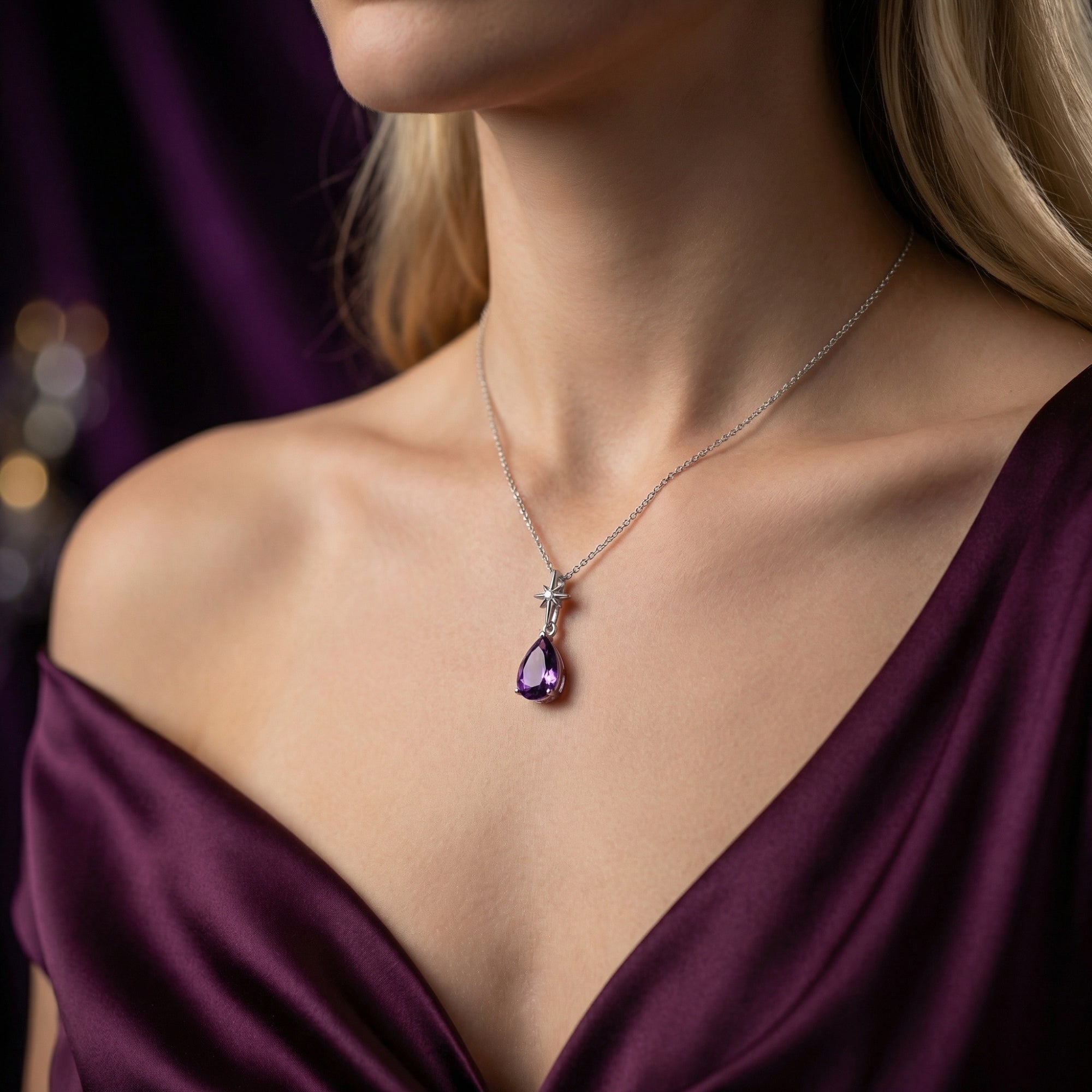 Front view of a model wearing the Isla pear cut amethyst pendant in sterling silver with a purple dress.