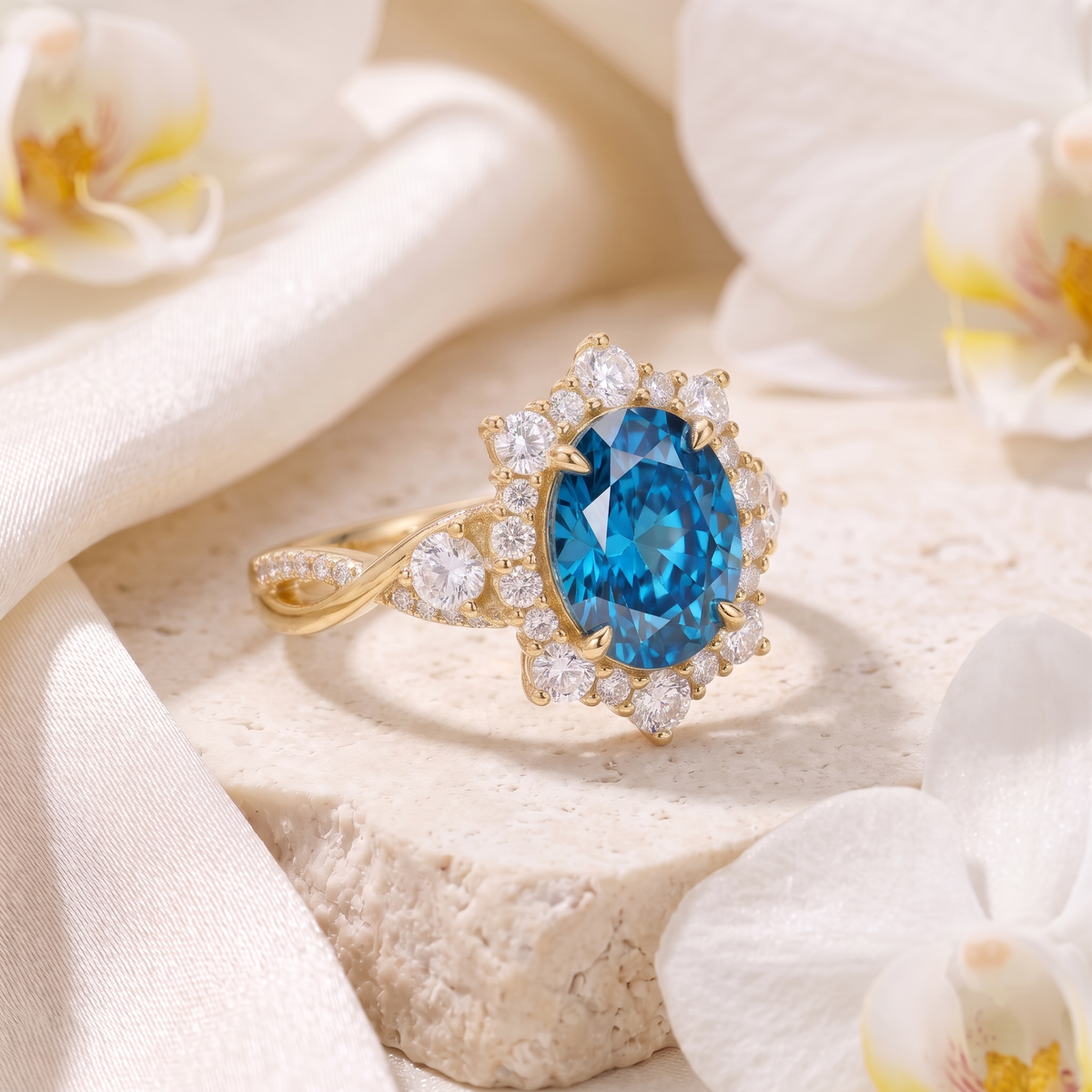 Angled view of an oval blue moissanite halo ring in yellow gold highlighting the twisted band details.