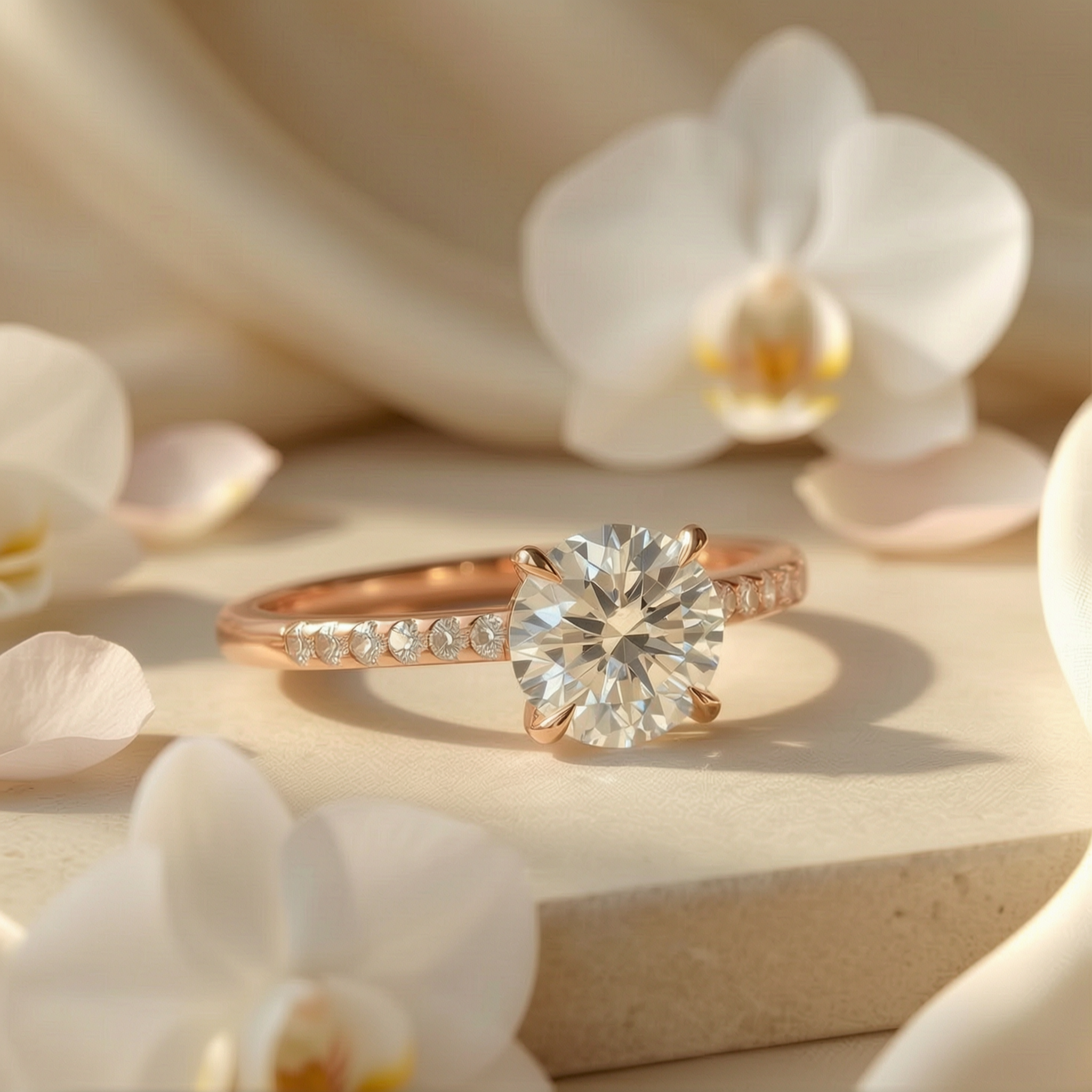 A stunning round-cut moissanite engagement ring with a pavé rose gold band, showcased with white orchids.