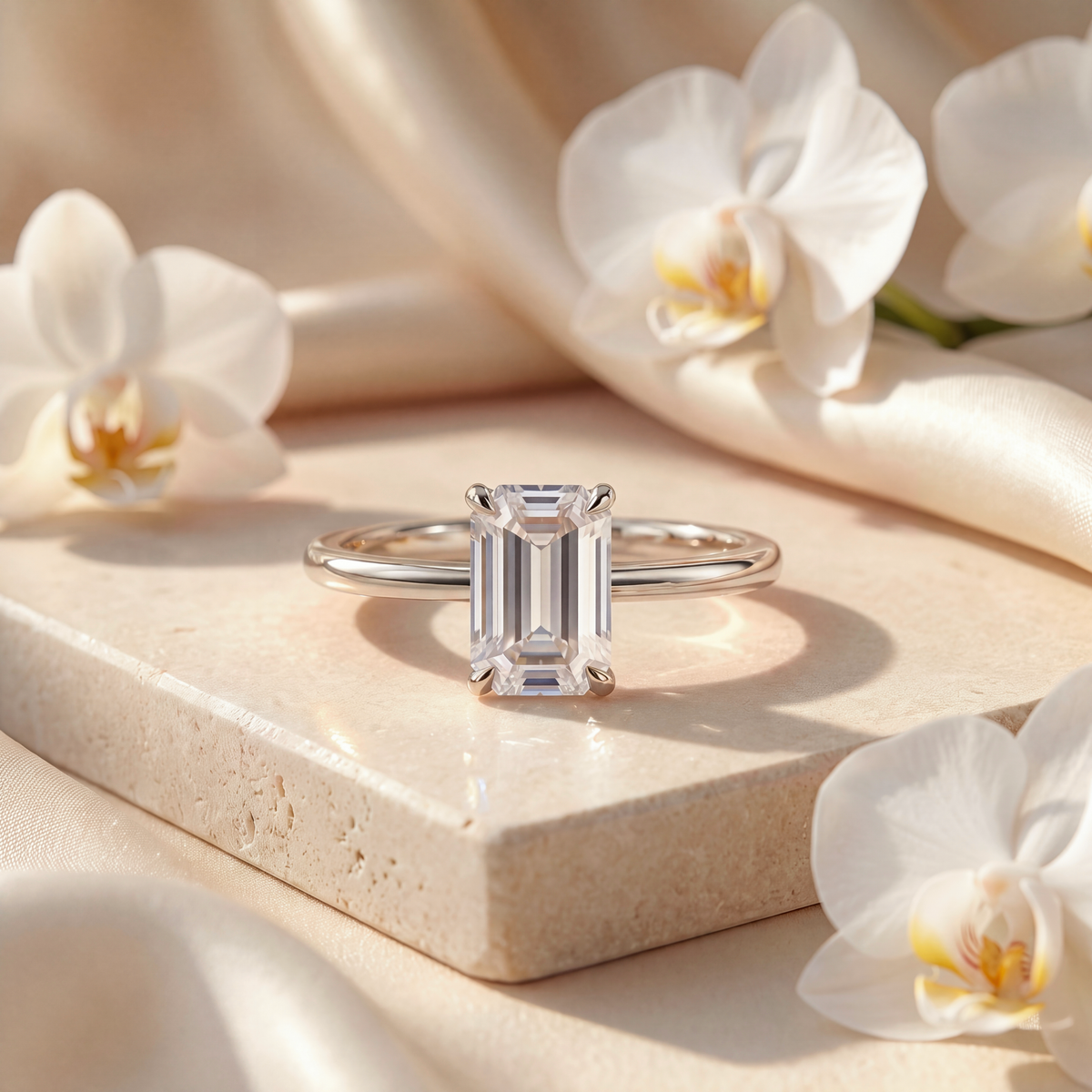 An emerald-cut moissanite solitaire engagement ring in white gold resting on a stone surface.