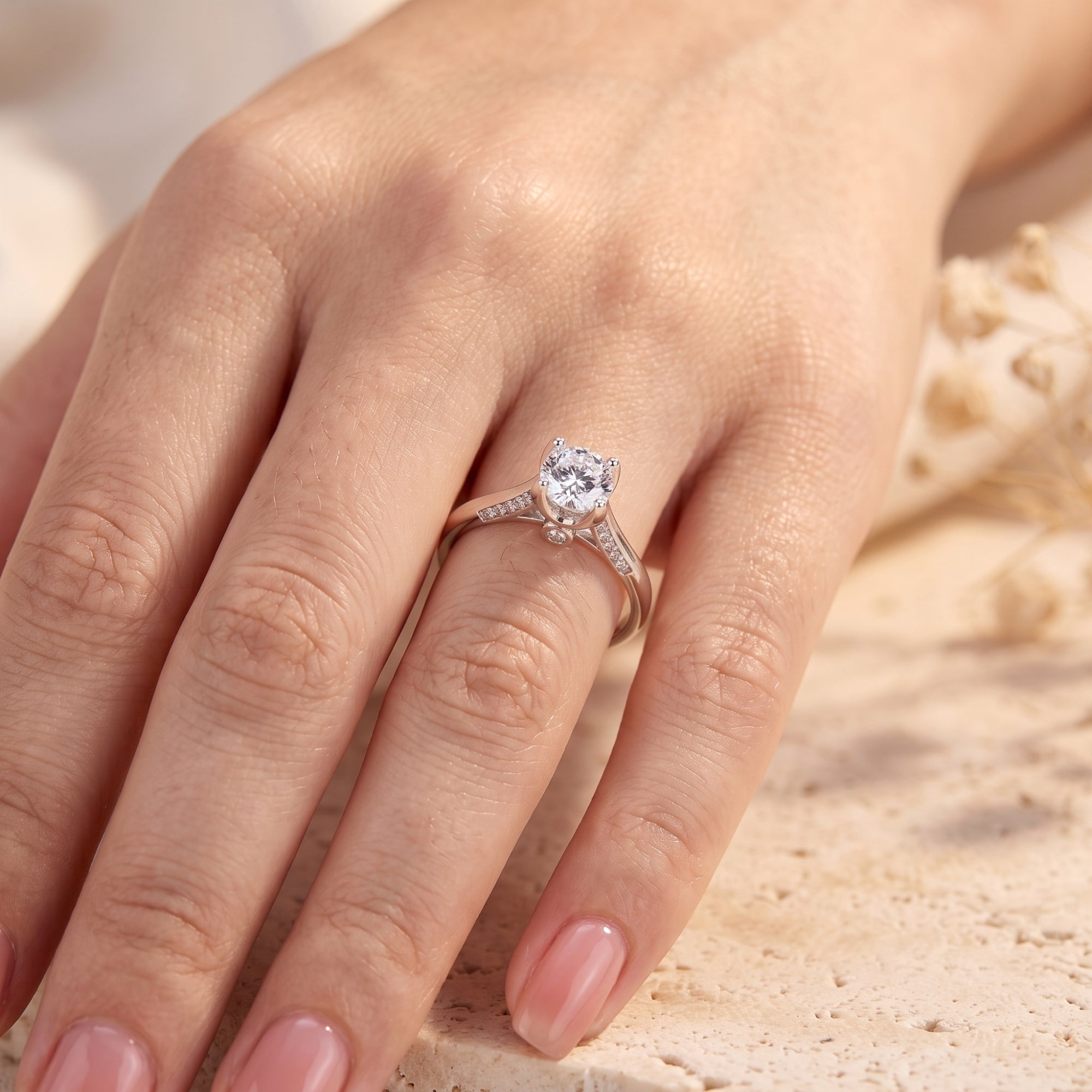 S925 silver solitaire ring with round CZ stone on finger.