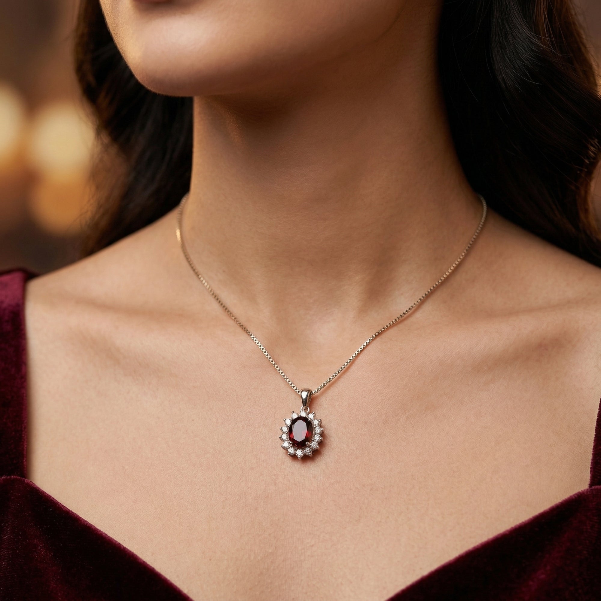 Front view of the silver oval garnet halo necklace worn by a woman in a burgundy velvet top.