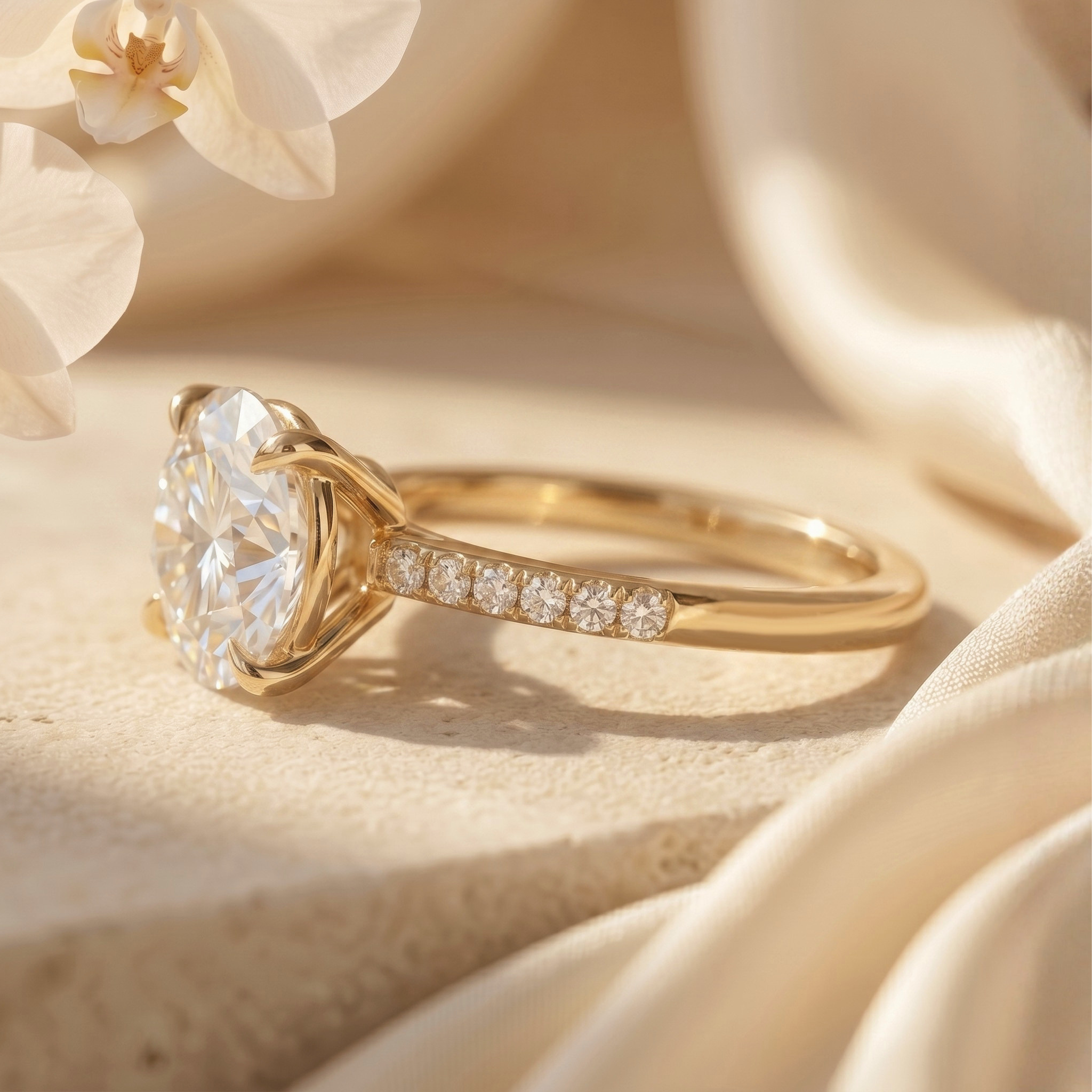 An angled view of the round cut moissanite ring set in yellow gold, highlighting the sparkling details of the cathedral shank.