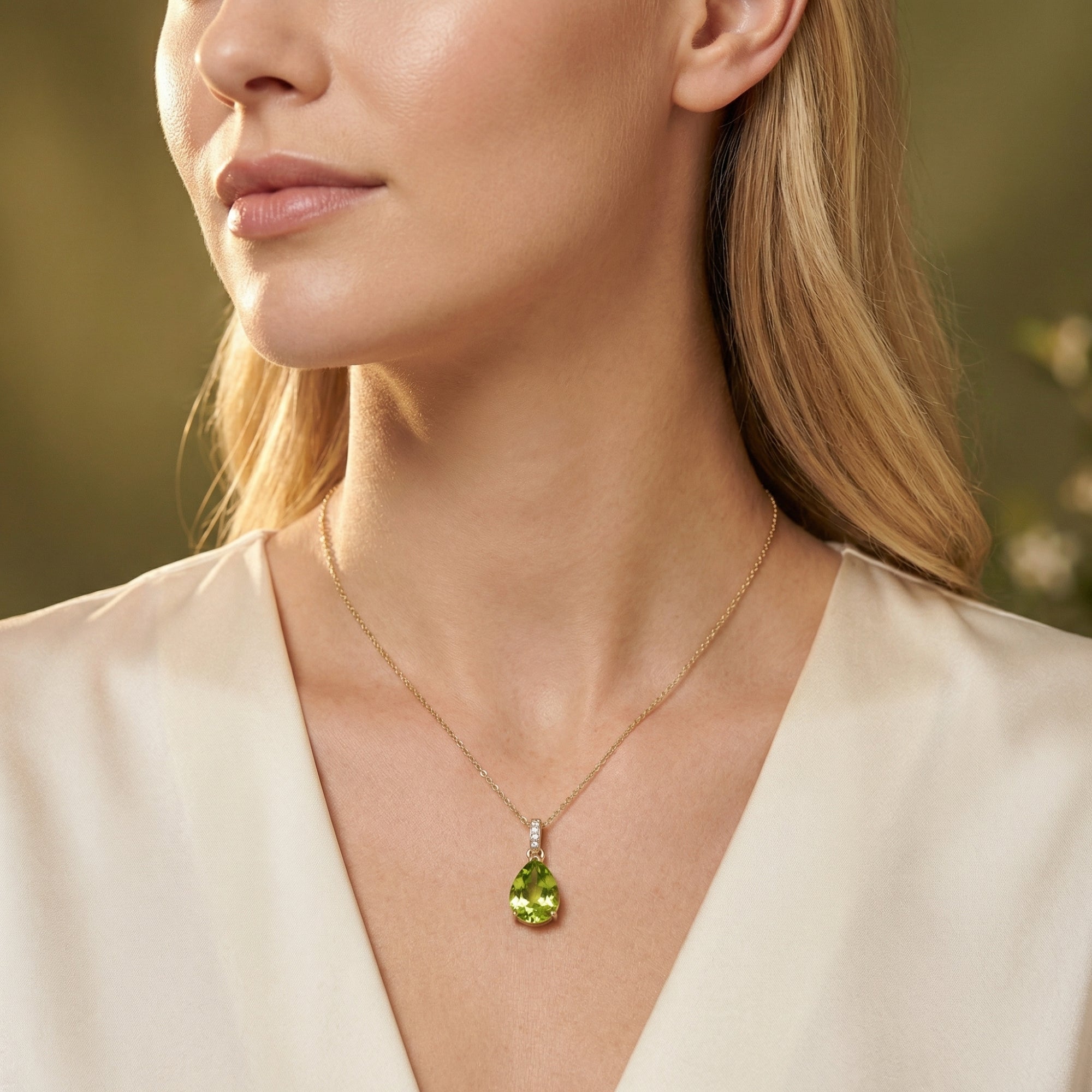 Frontal view of the Elyndra 18K solid gold necklace with a pear cut natural peridot on a model.