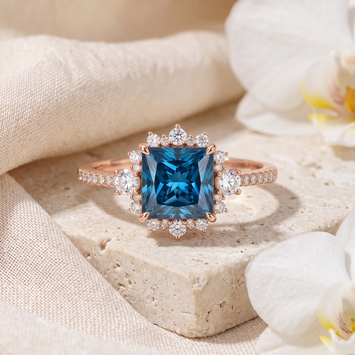 Princess-cut blue moissanite halo engagement ring in rose gold showcased on a textured stone block.