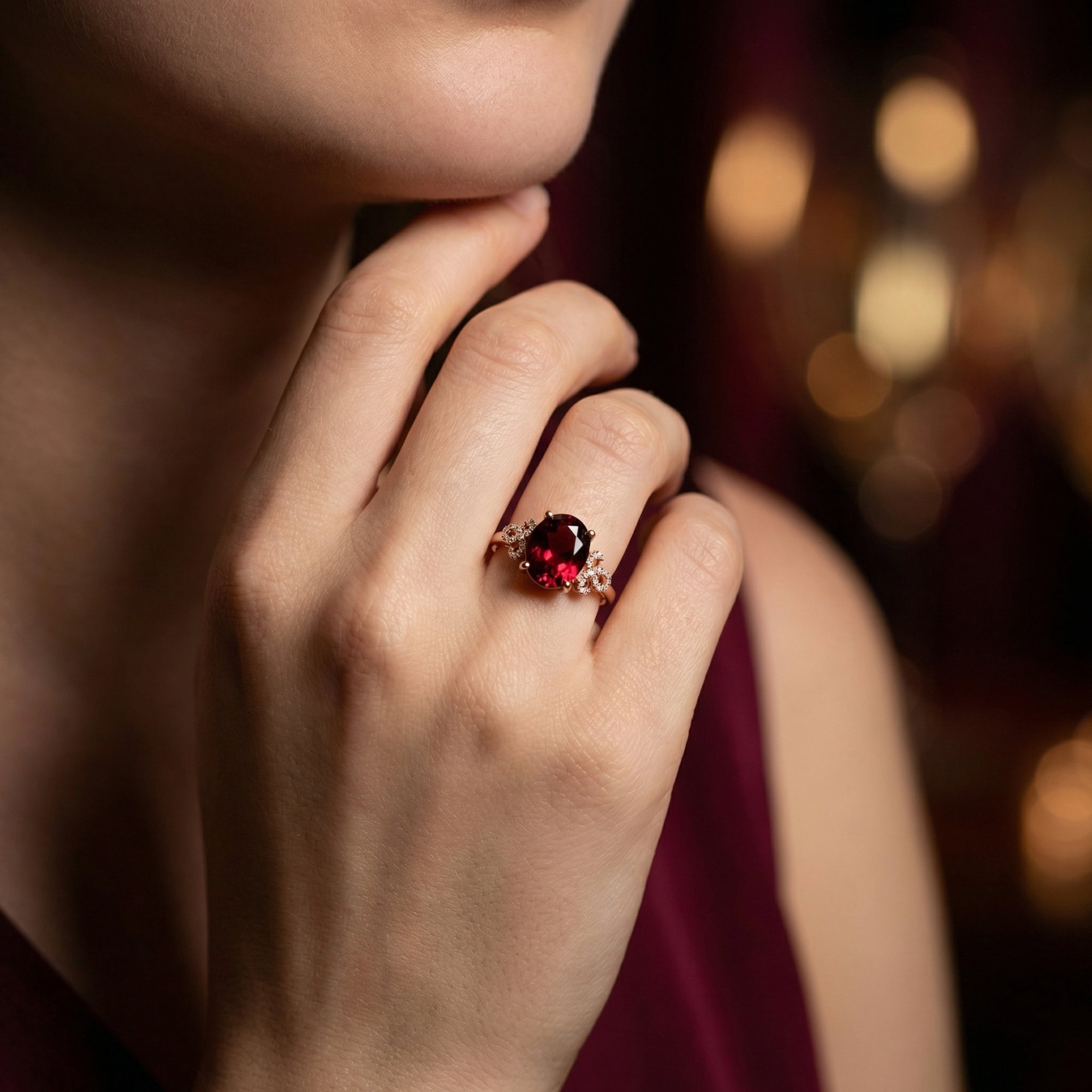 Close-up of the 3-carat oval garnet halo ring in 18K rose gold worn on a woman's hand.