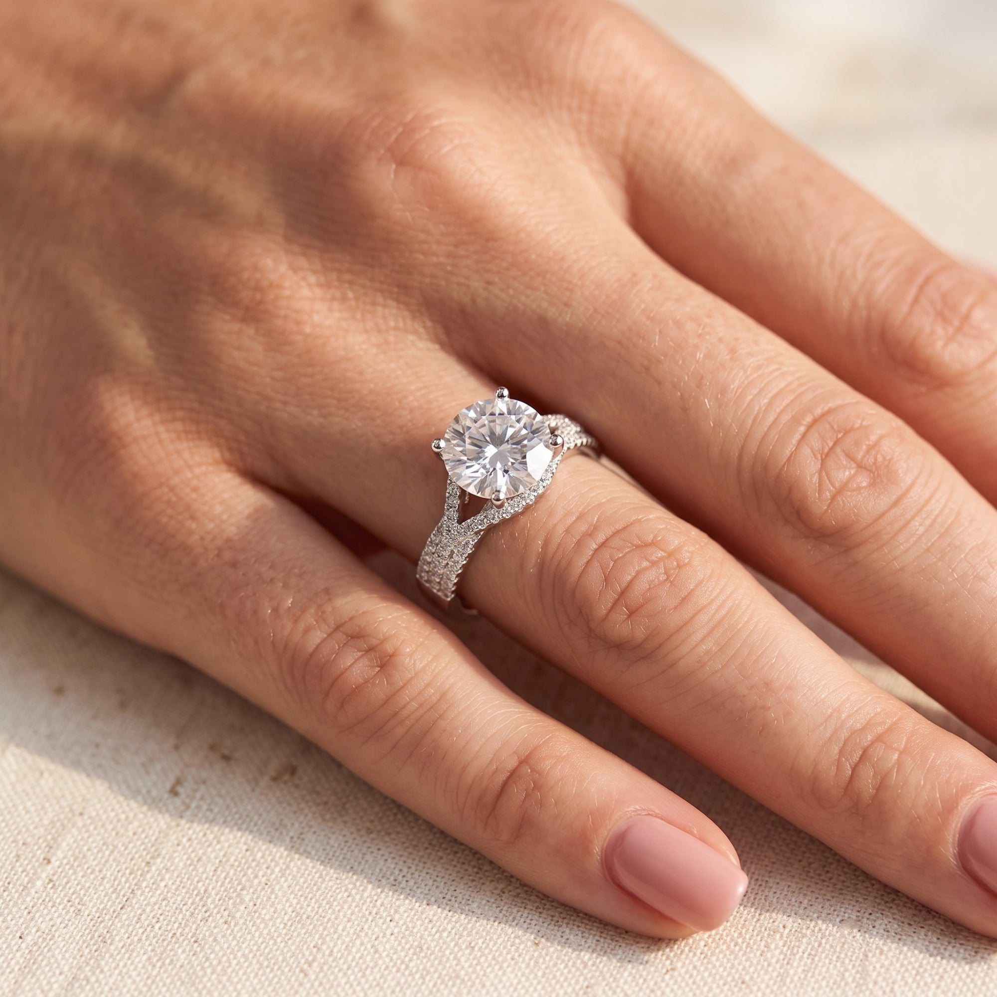 Sterling silver twisted solitaire ring with round cubic zirconia on finger.