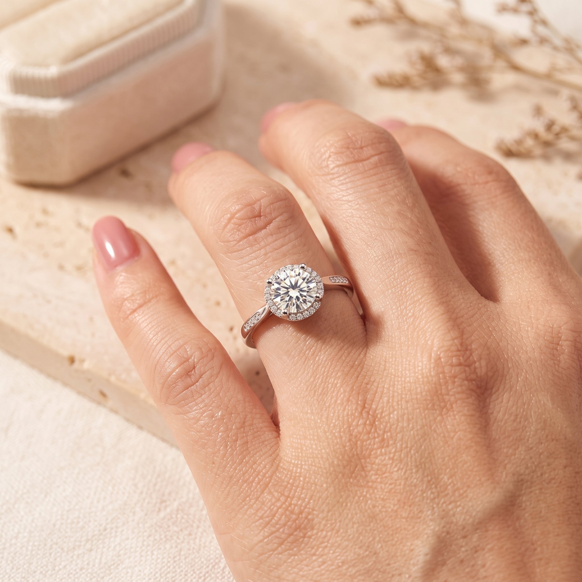 Silver round halo engagement ring on a finger with a neutral background.