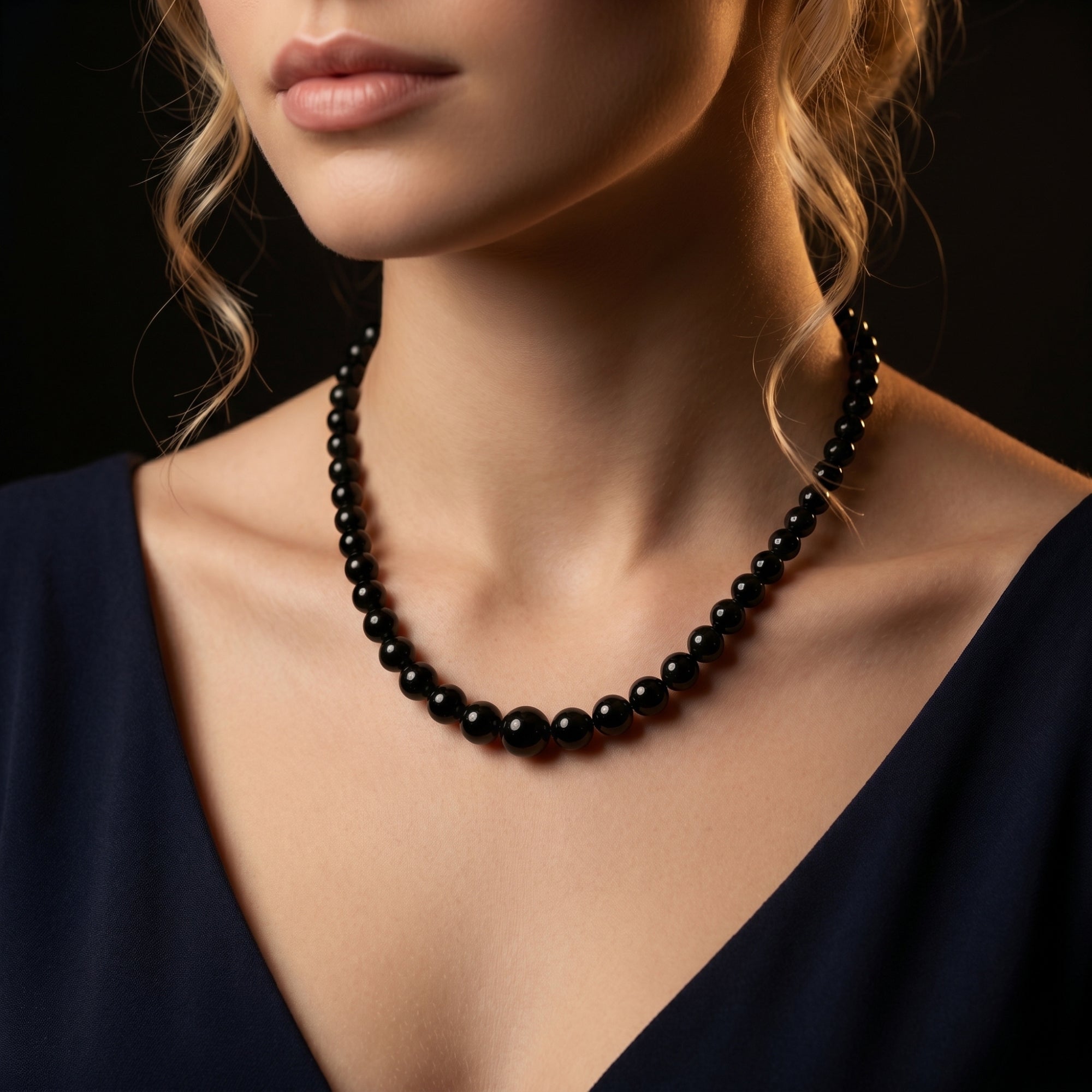 Close-up of a model wearing the graduated natural black onyx bead necklace with silver hardware and a dark top.