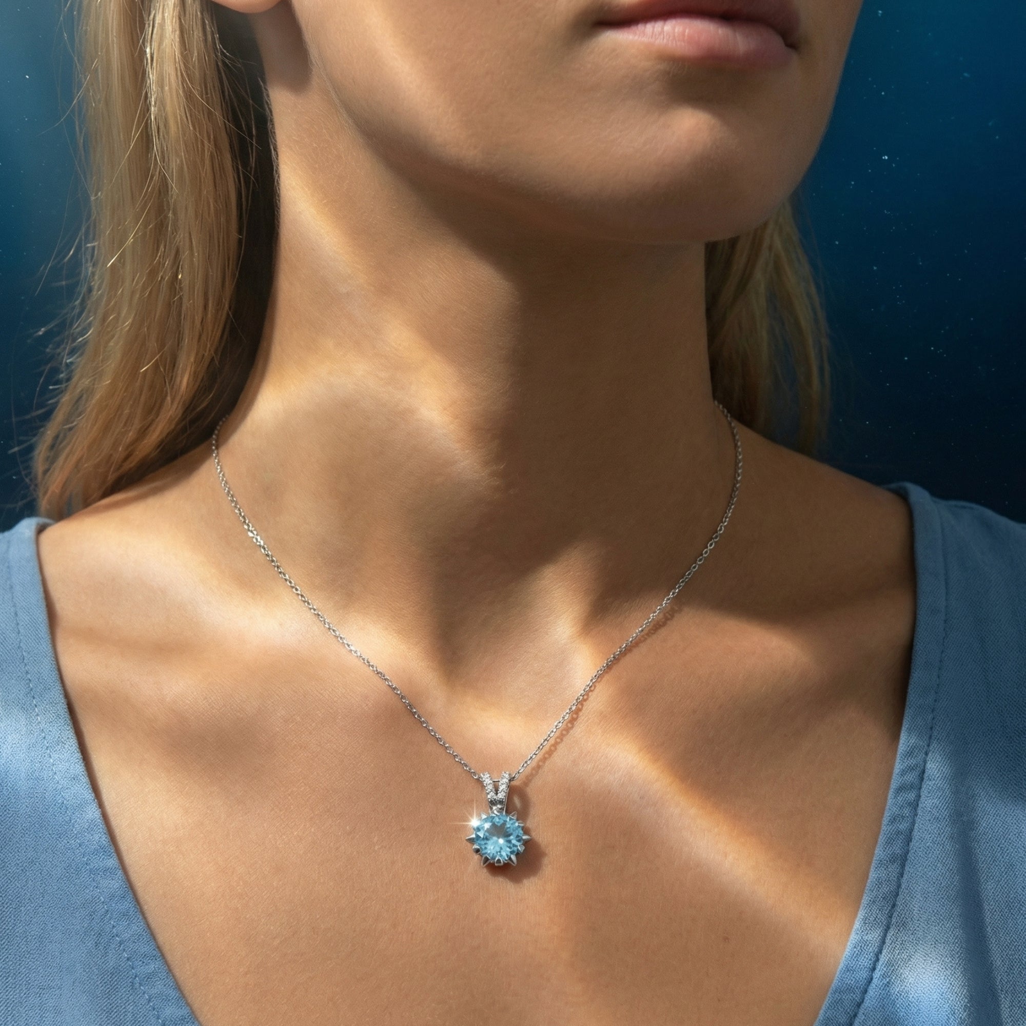 Model wearing the Liriope round natural aquamarine pendant in platinum, styled with a blue V-neck top.