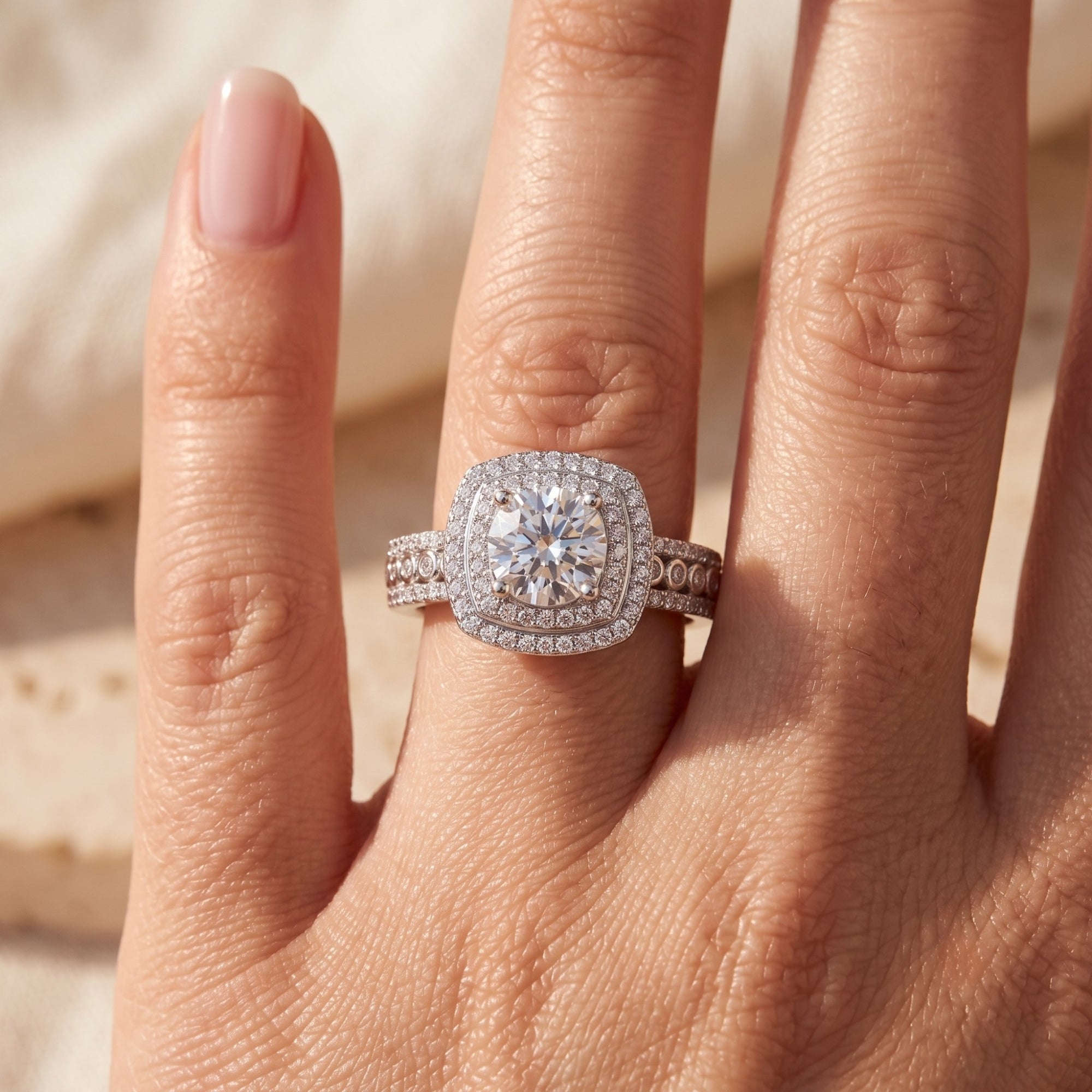 Silver cushion double halo ring with 6.5mm round brilliant stone on a finger showing product scale.