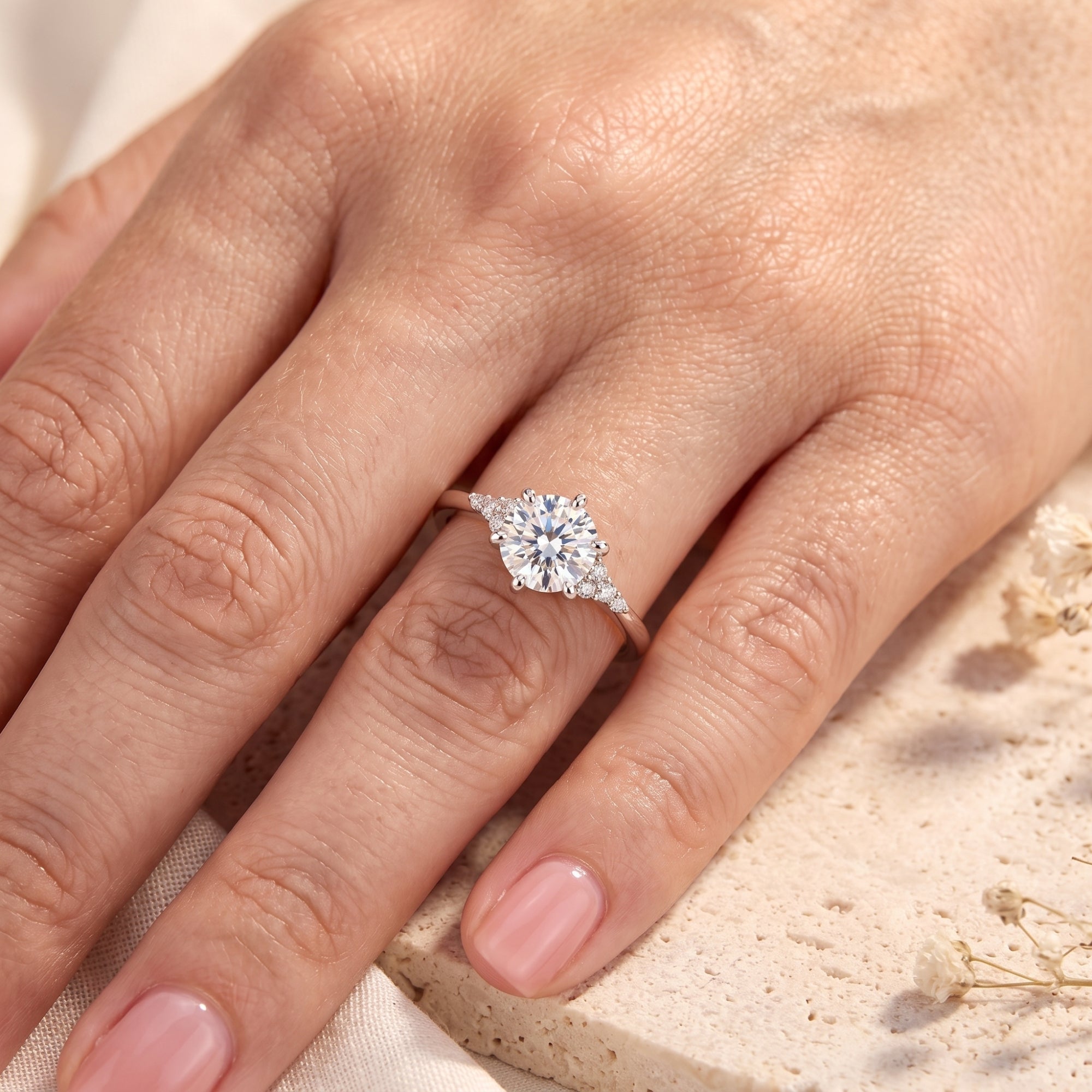 Top-down view of the sterling silver solitaire ring on a finger showing scale and brilliance.