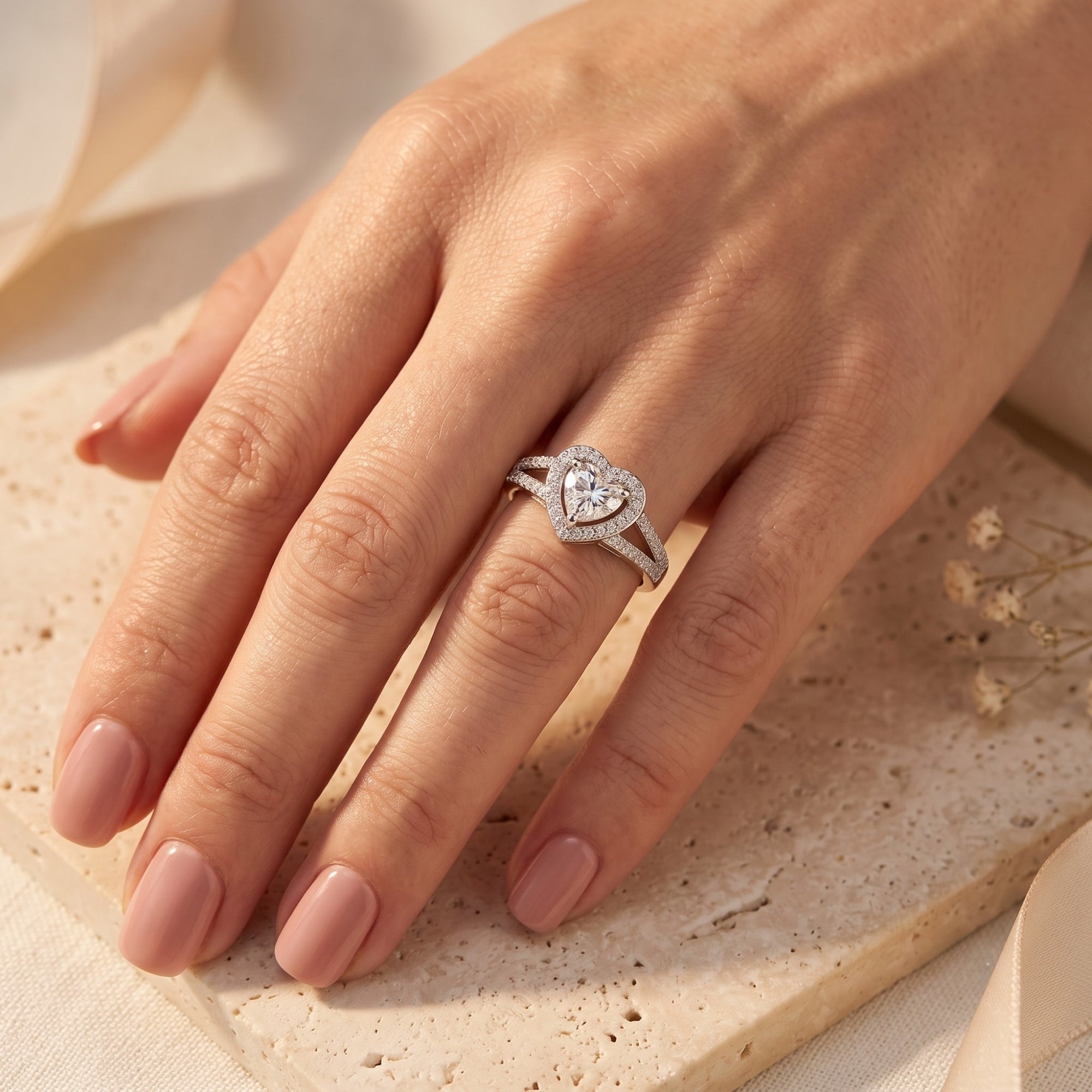 Top-down view of the heart-cut cubic zirconia halo ring in sterling silver on a finger.