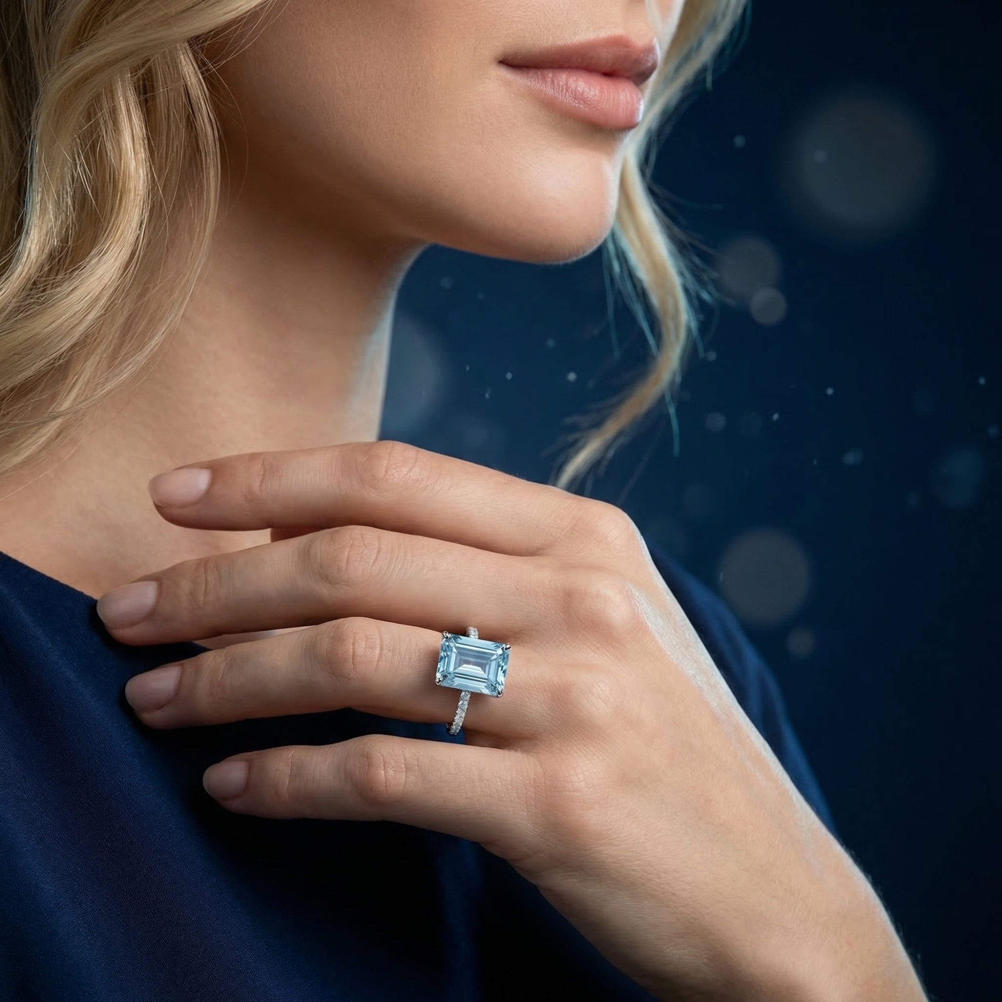 Model wearing the Lymira emerald cut natural blue topaz ring in S925 sterling silver.