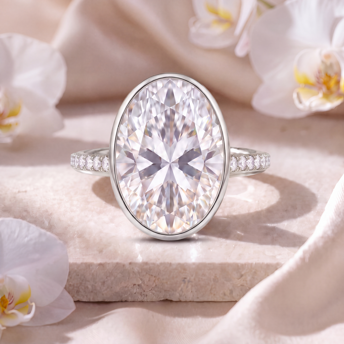Front-facing view of an oval moissanite bezel engagement ring with a pavé band in white gold.