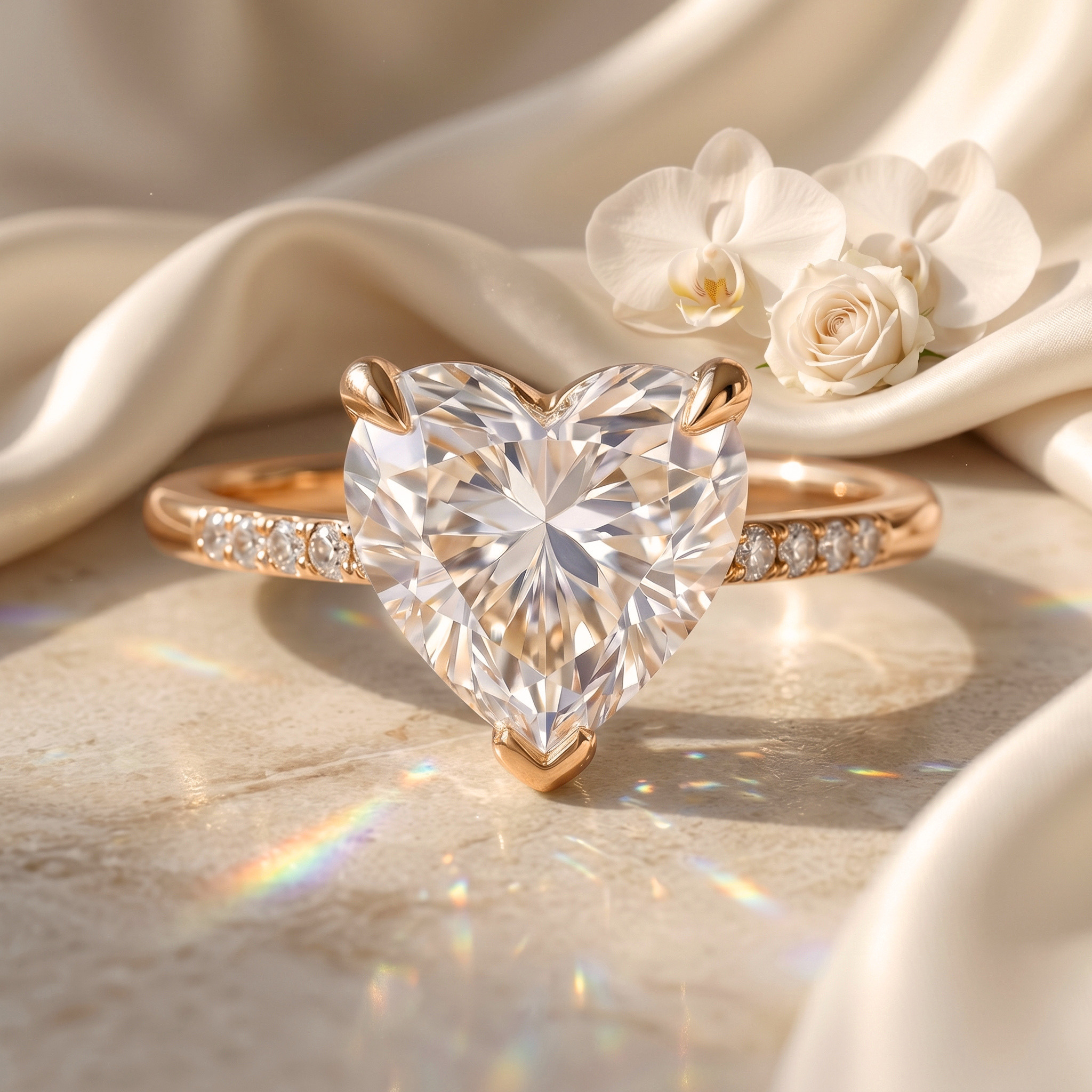 A rose gold heart-shaped moissanite engagement ring with a pavé band, shown on a cream-colored silk surface.