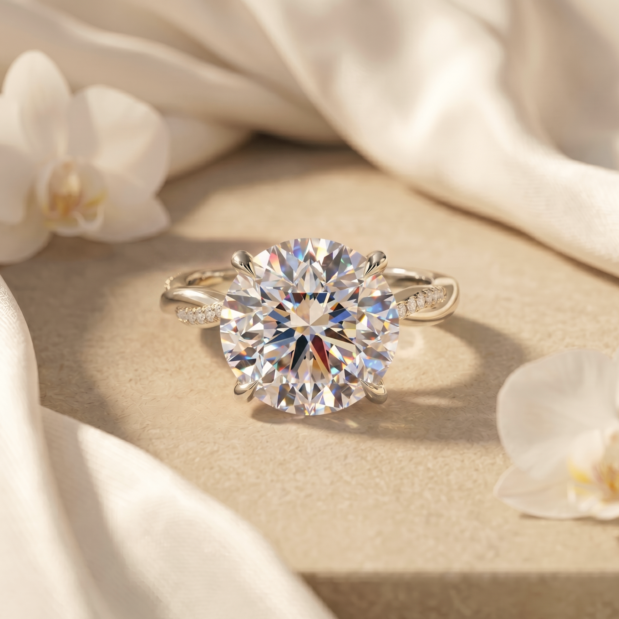 A white gold moissanite engagement ring featuring a twisted, pavé-set band and a sparkling round-cut center stone.