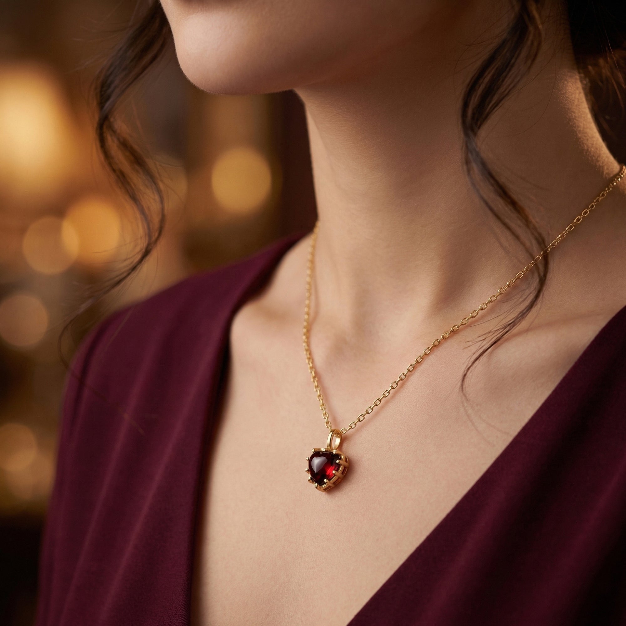 Side view of a model wearing the yellow gold Altheia necklace with a 2-carat heart-cut red garnet pendant.