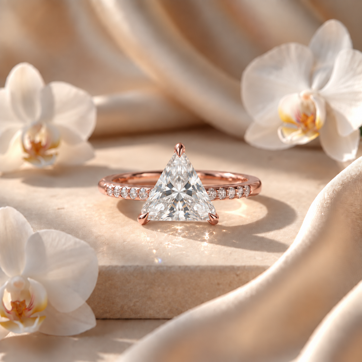 Rose gold triangle-cut moissanite ring with a pavé band displayed on a beige surface.