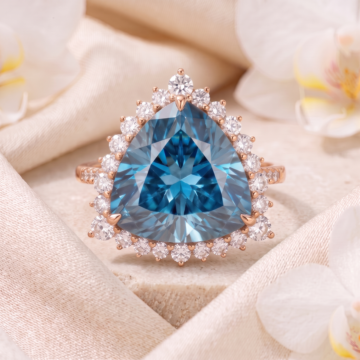Front view of a trillion-cut blue moissanite halo ring in rose gold.