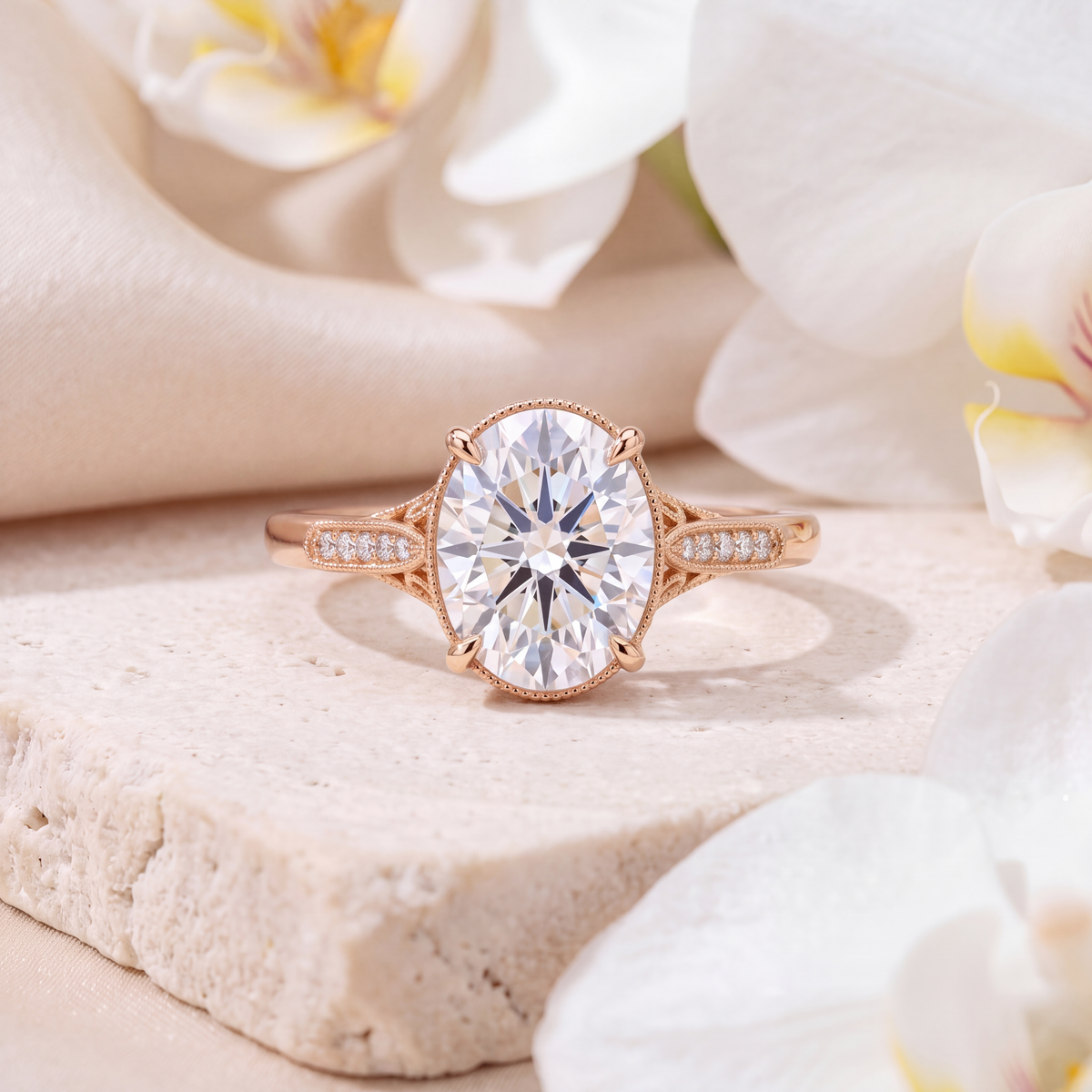 Rose gold vintage-style oval moissanite engagement ring with detailed milgrain shoulders.