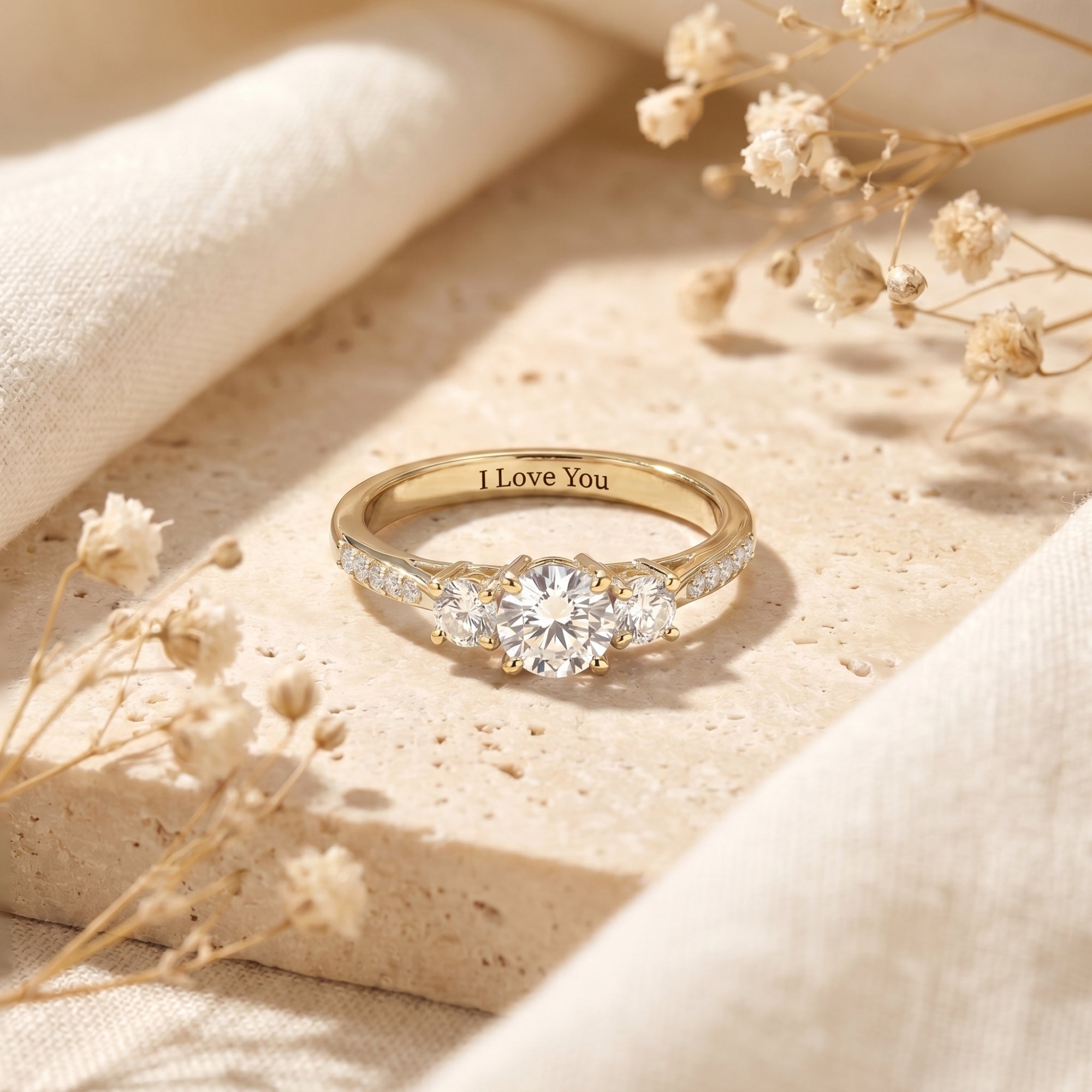 Yellow gold Roselysse ring with a round cut simulated diamond and I Love You engraving on a stone background.