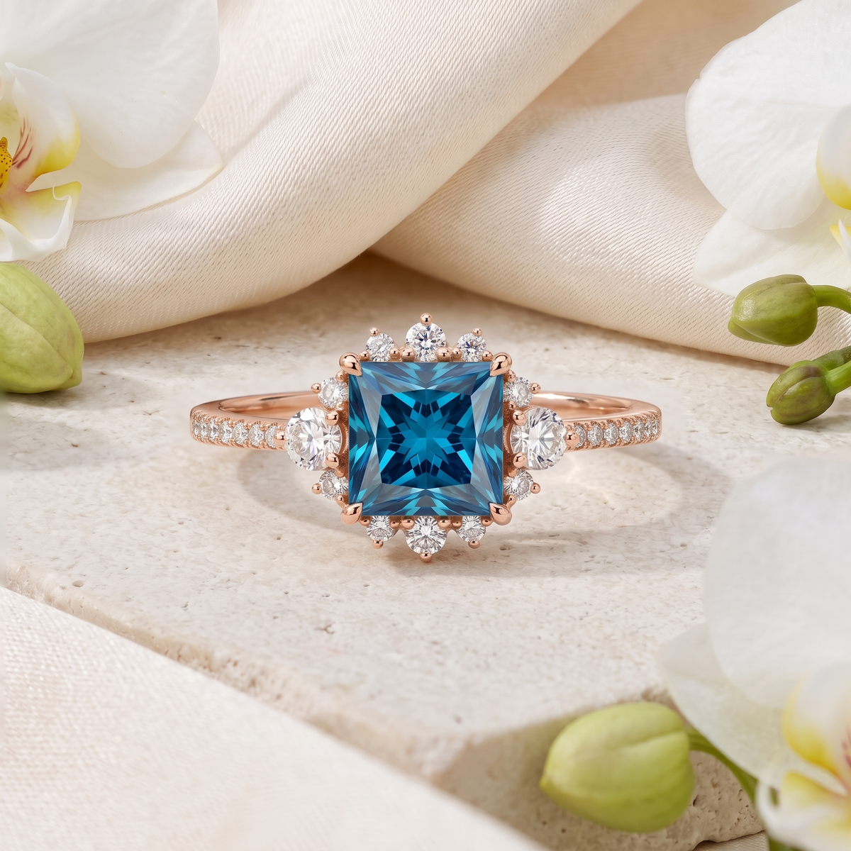 Princess cut blue moissanite halo engagement ring in rose gold