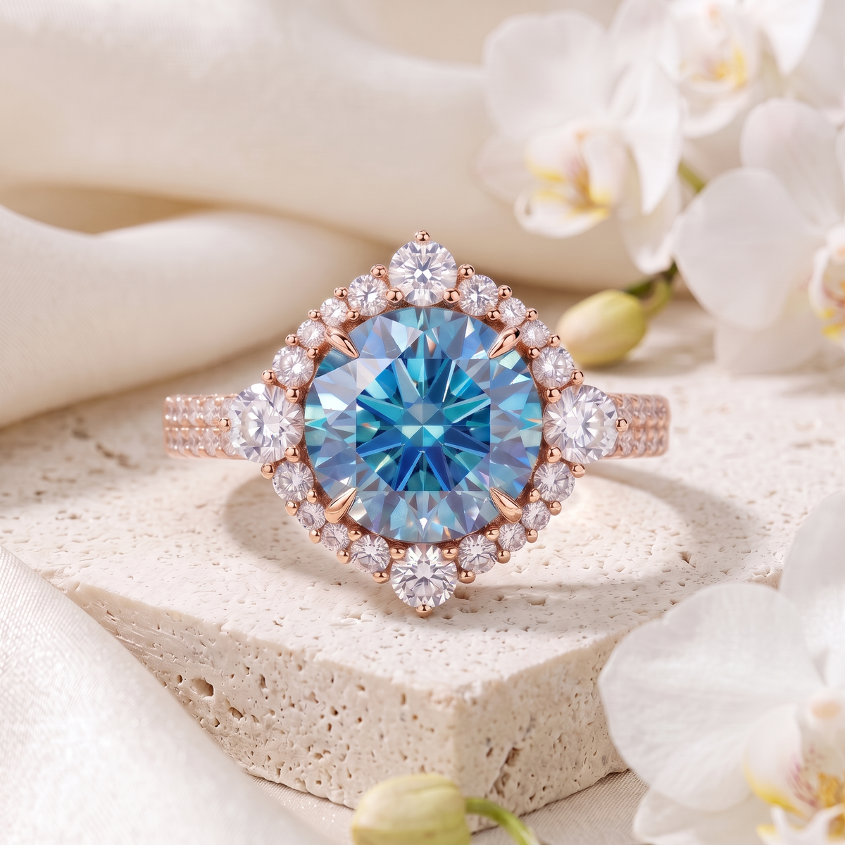 Front view of round blue moissanite engagement ring with geometric diamond halo in rose gold