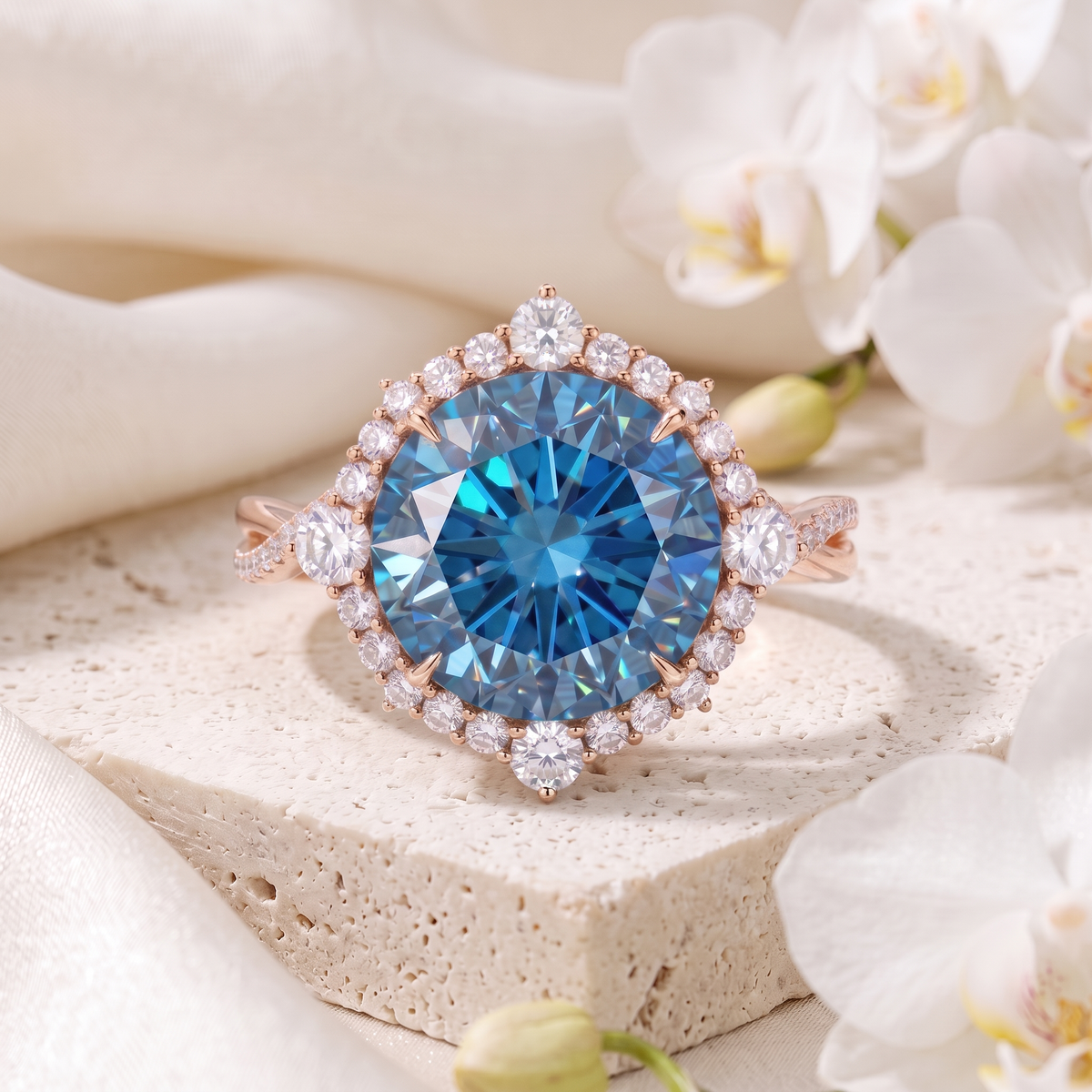 Front view of the rose gold halo ring set with a vibrant round blue moissanite center stone.