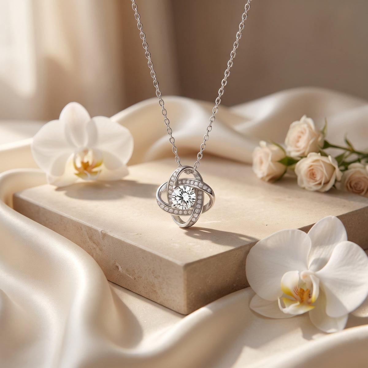 Close-up of the silver-finish knot pendant on a stone display plinth.