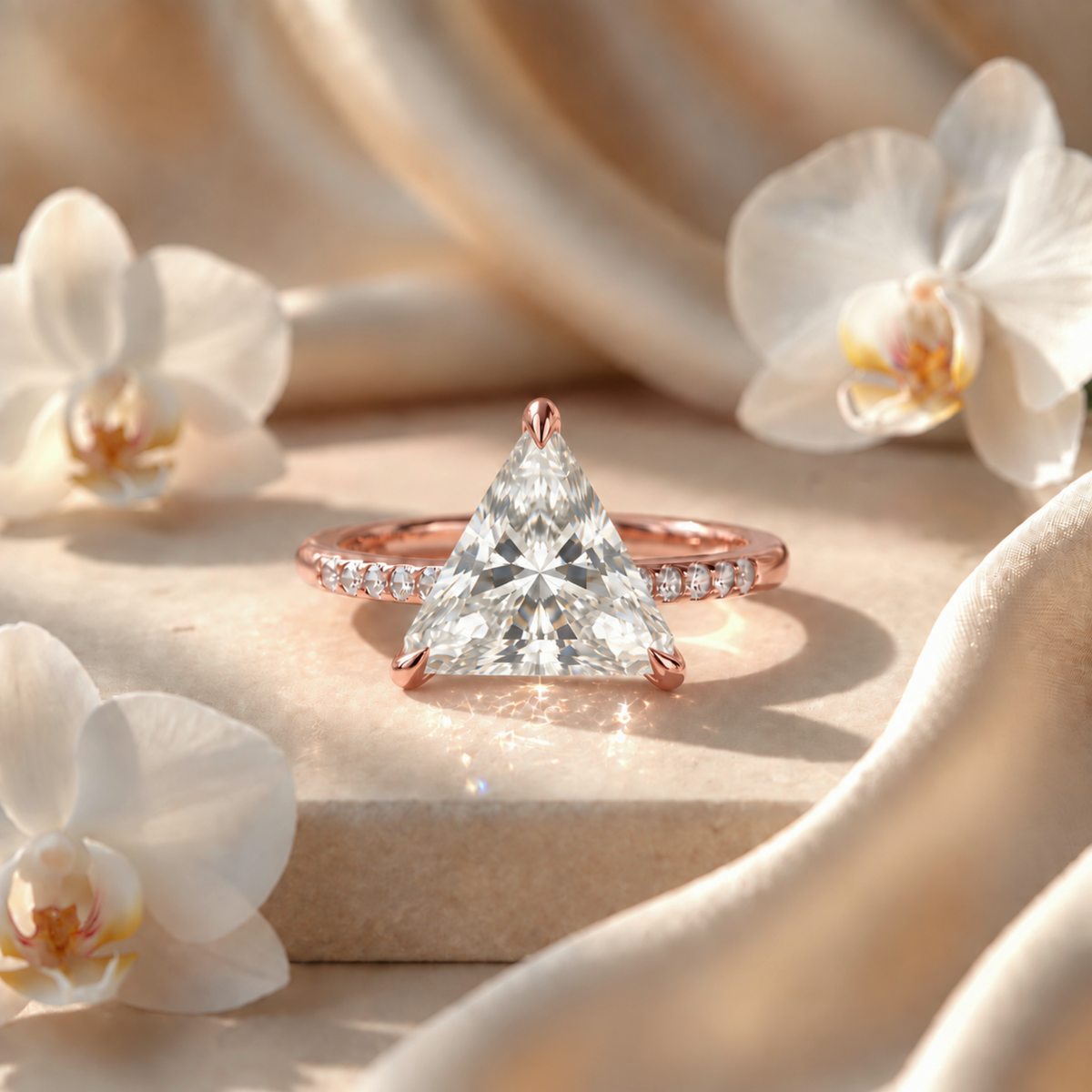 Rose gold trillion cut moissanite engagement ring with pave accents.