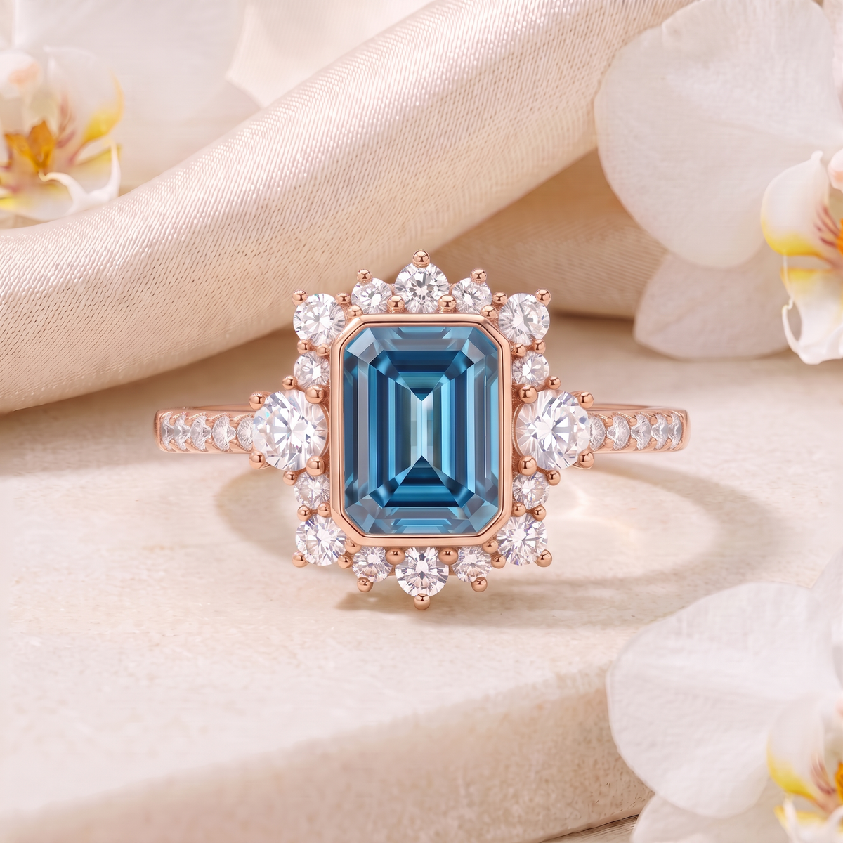 Front-facing view of an emerald-cut blue gemstone halo ring in rose gold.