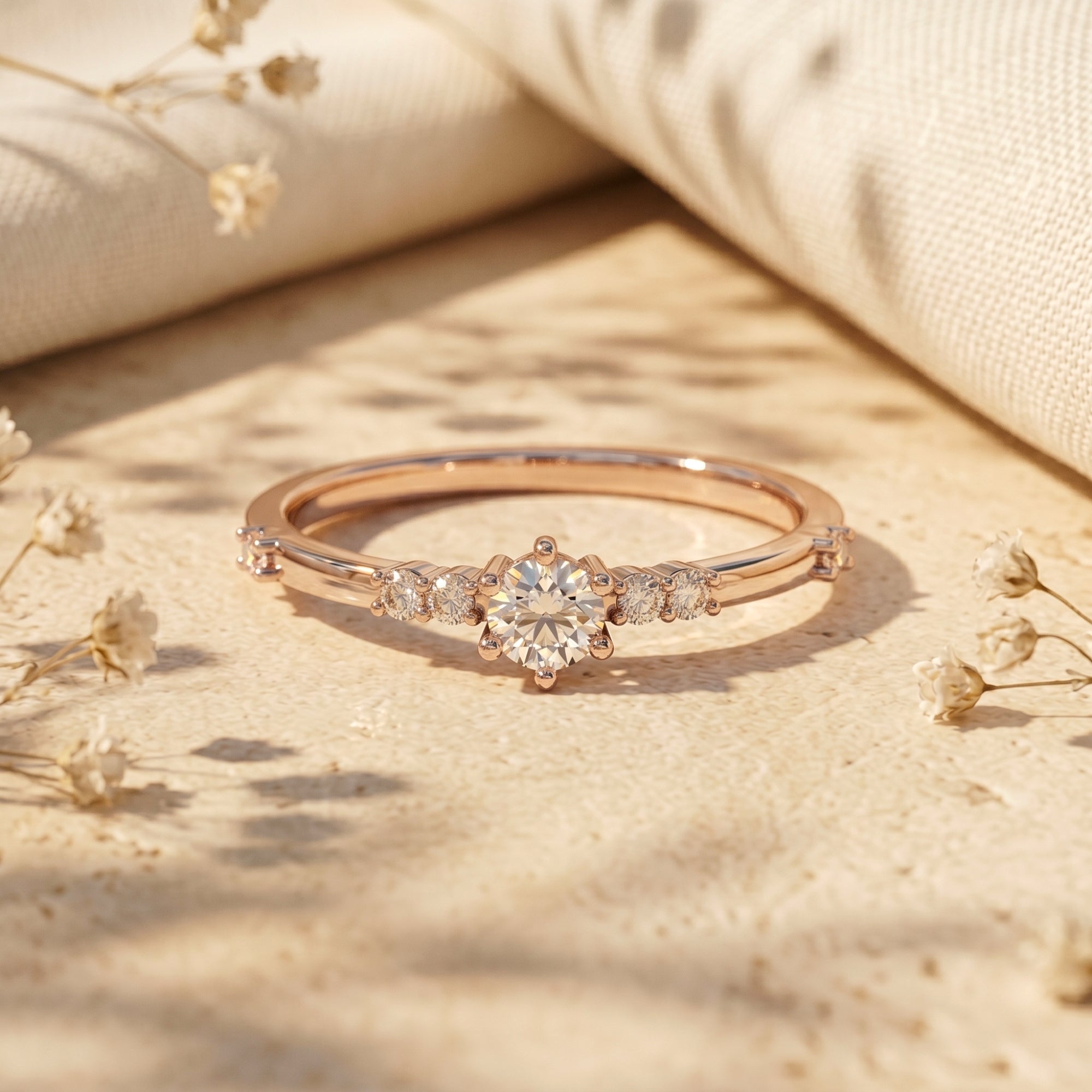 Rose gold round cut moissanite ring displayed on a neutral stone background with dried flowers.