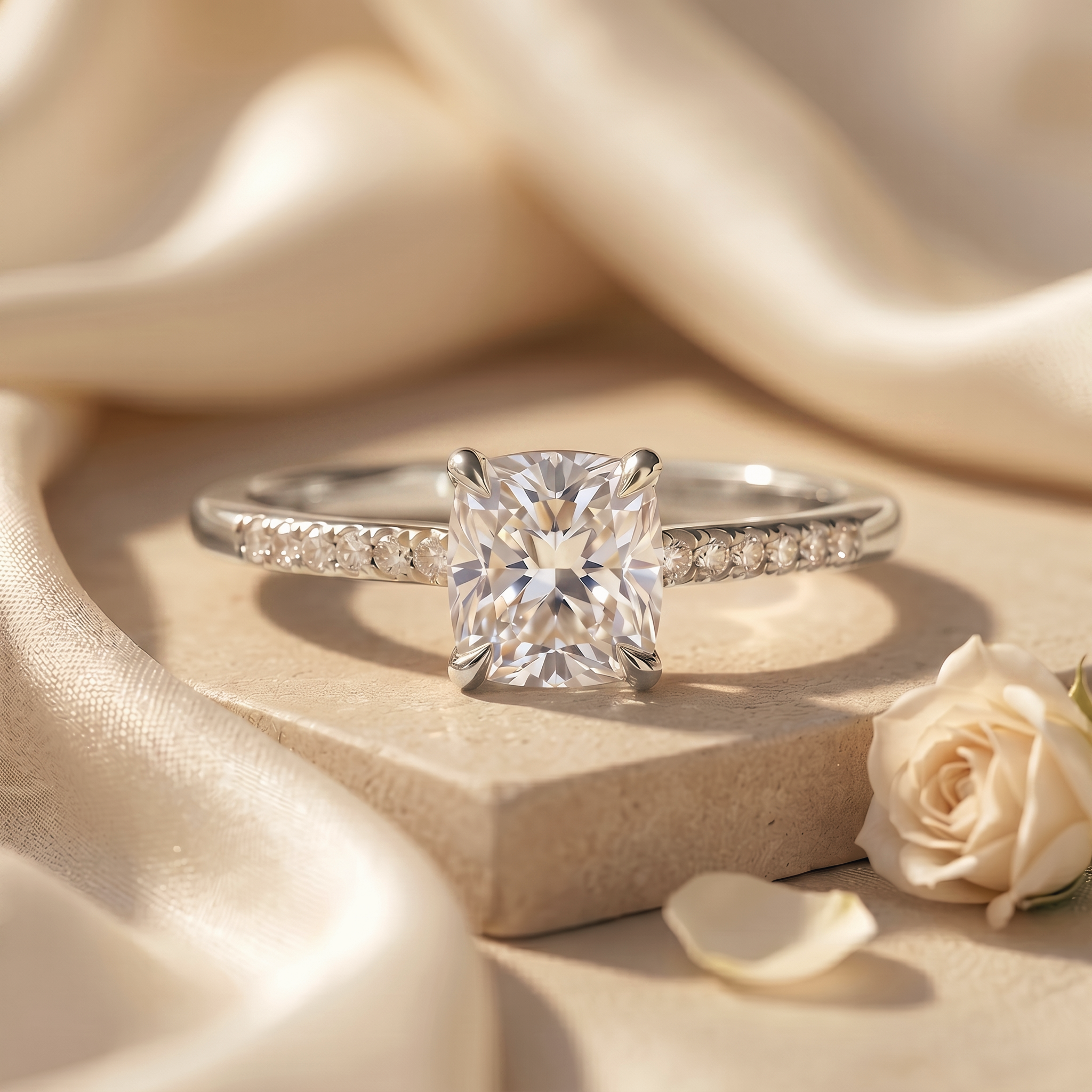 A white gold cushion-cut moissanite engagement ring featuring a sparkling pavé band on a stone surface.