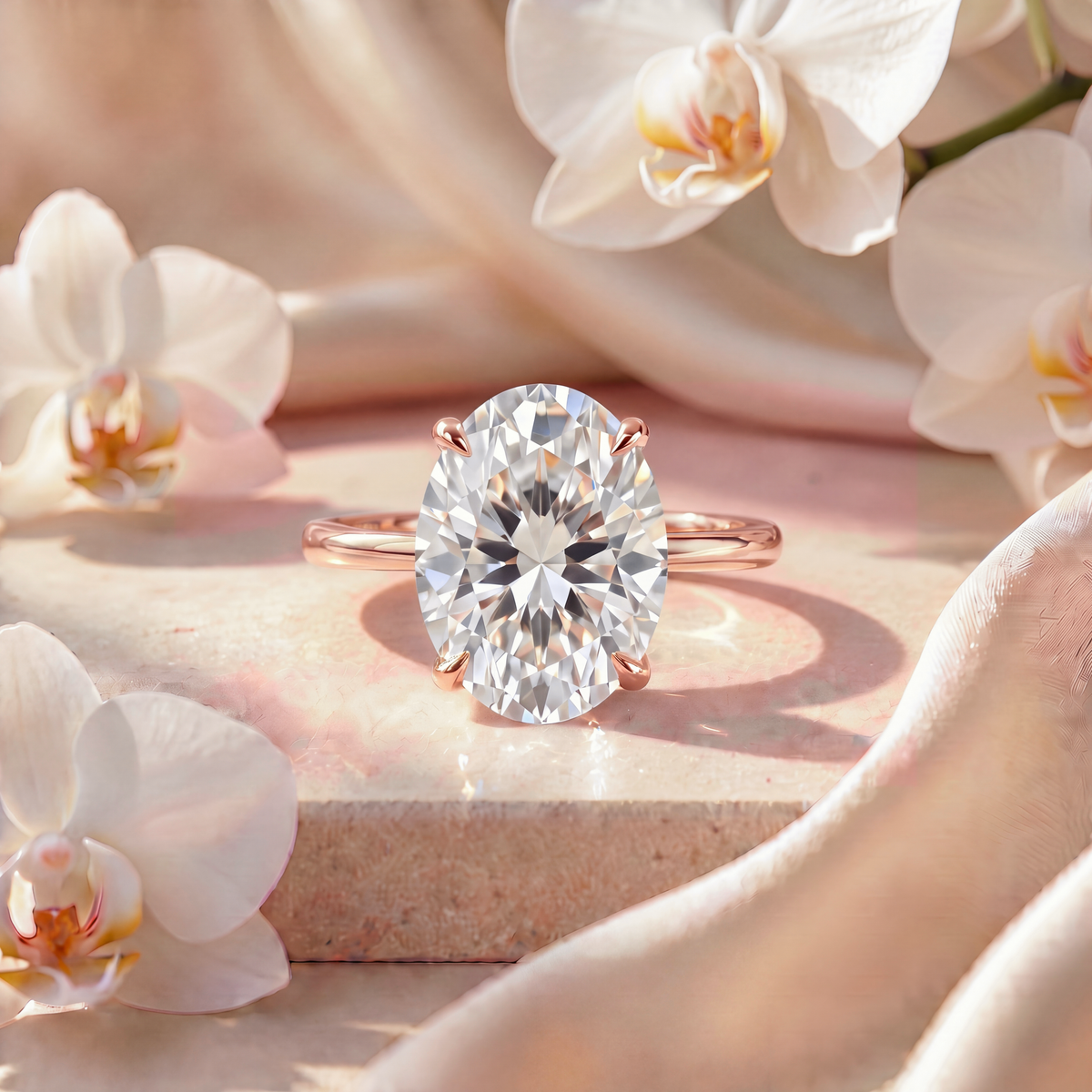 Rose gold oval moissanite solitaire engagement ring presented on marble surrounded by orchids.