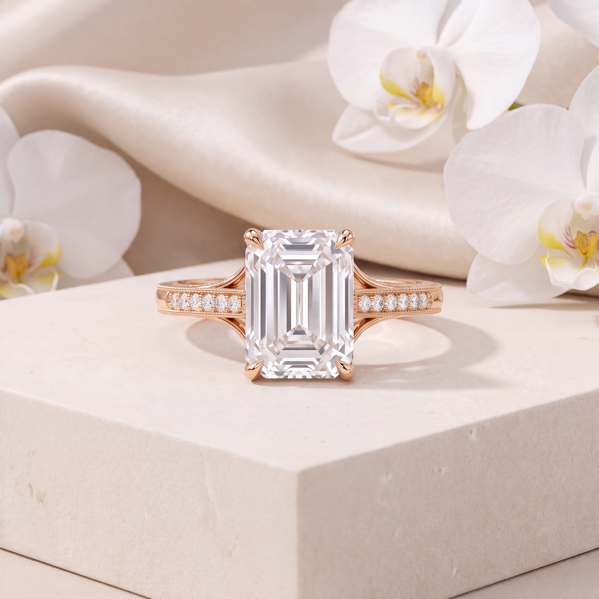 Front view of an emerald-cut moissanite engagement ring with a milgrain split shank in rose gold.