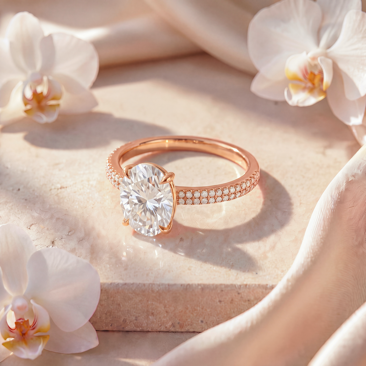 Angled perspective view of a gold oval moissanite double-row pave engagement ring.