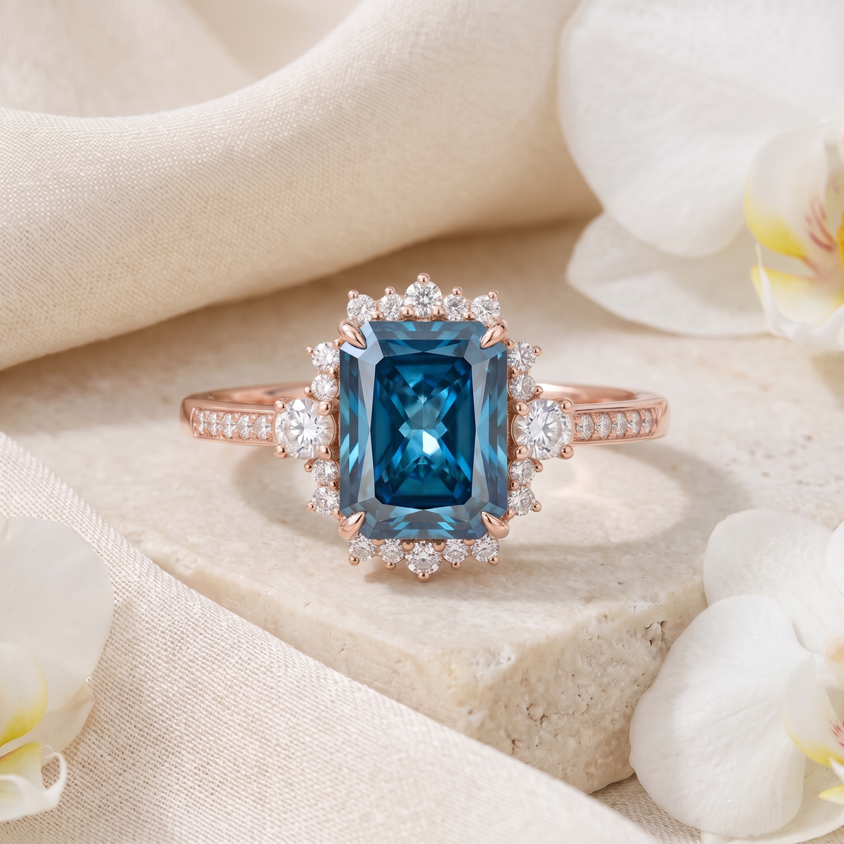 Emerald cut blue moissanite halo engagement ring in rose gold displayed on stone.